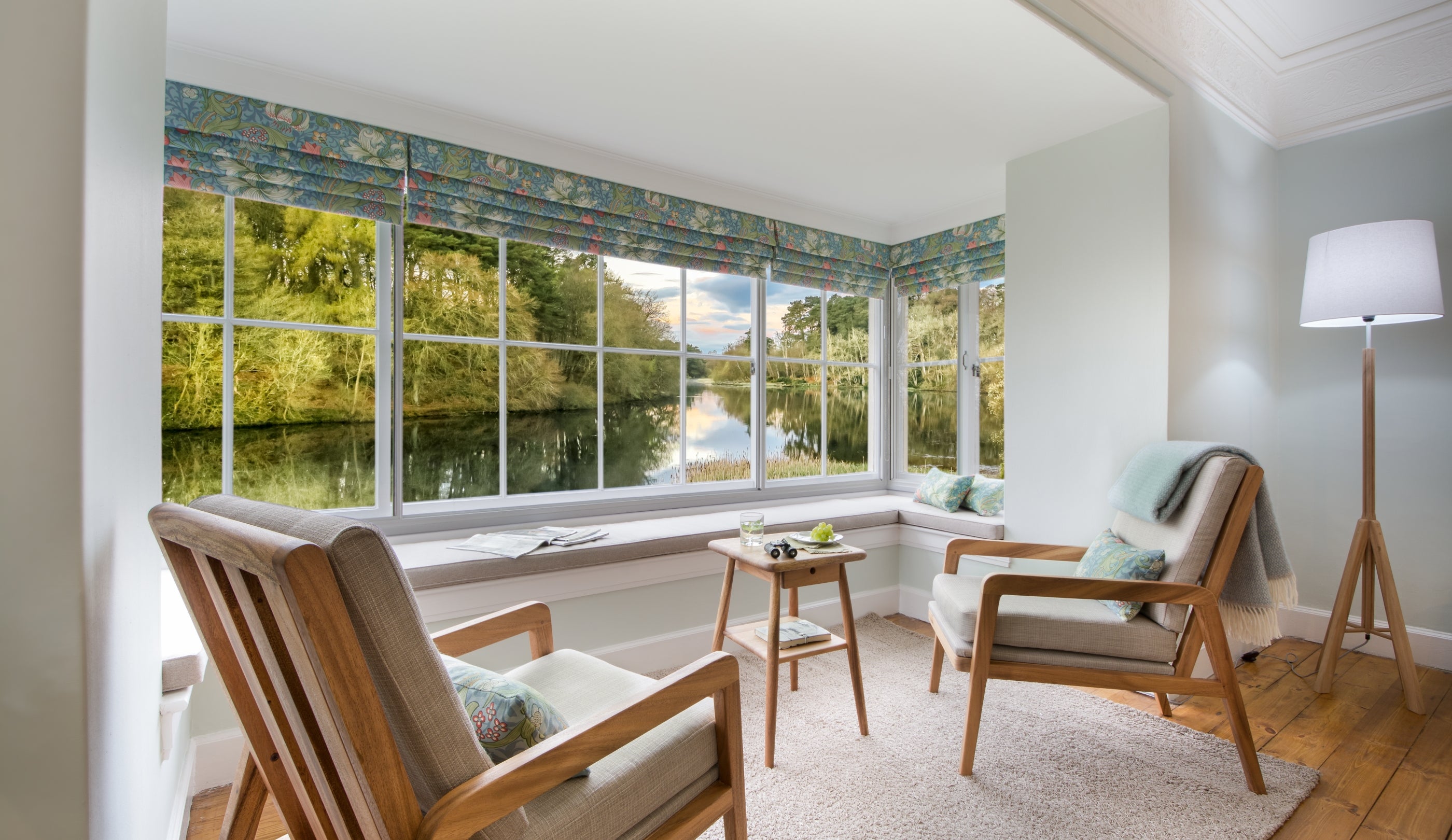 Drawing room at the Rothley Lakehouse, Northumberland, a luxury lakefront cottage with its own self-contained cottage.