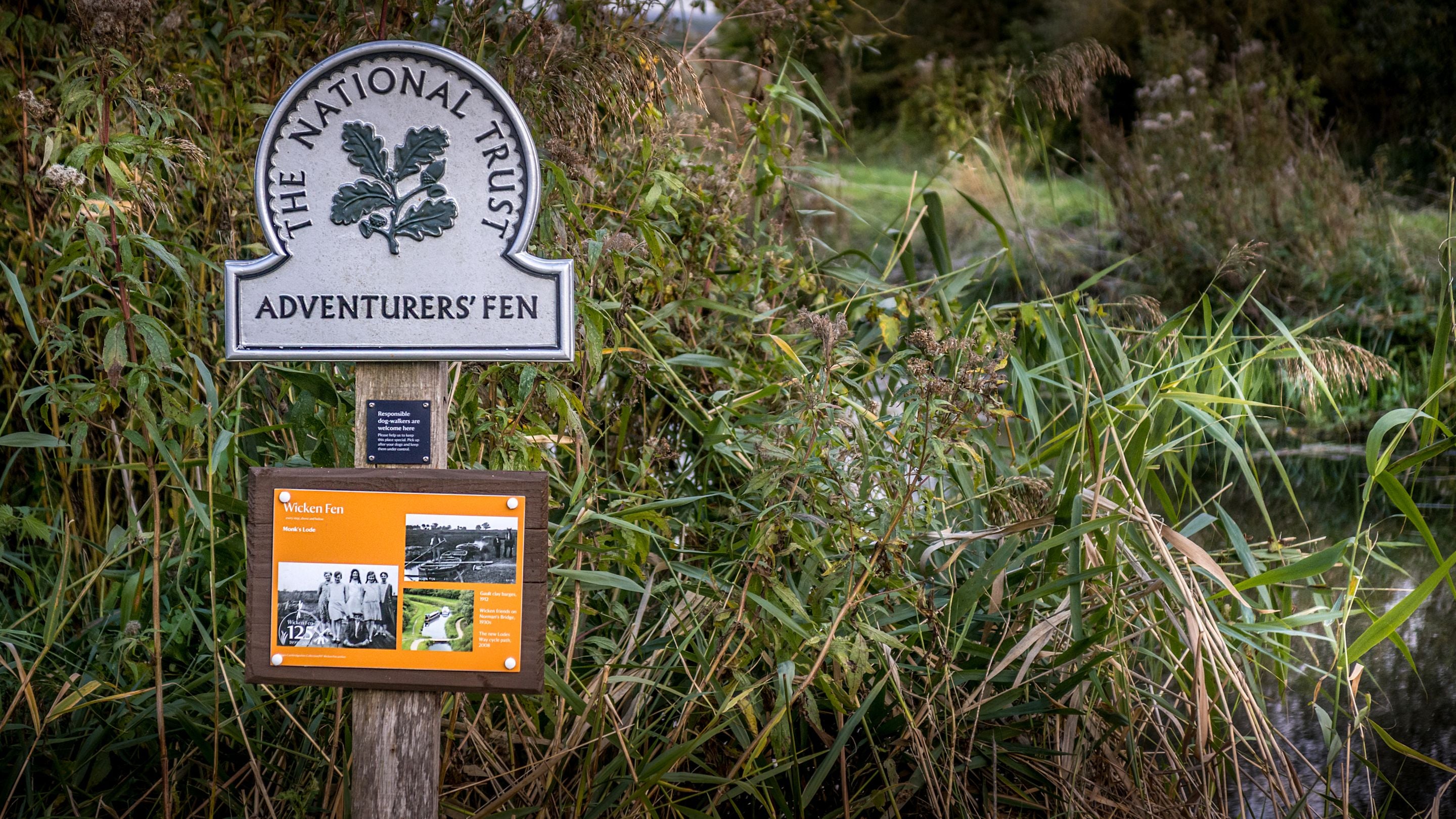 The sign for the Adventurers' Fen trail at the Wicken Fen Nature Reserve, Cambridgeshire