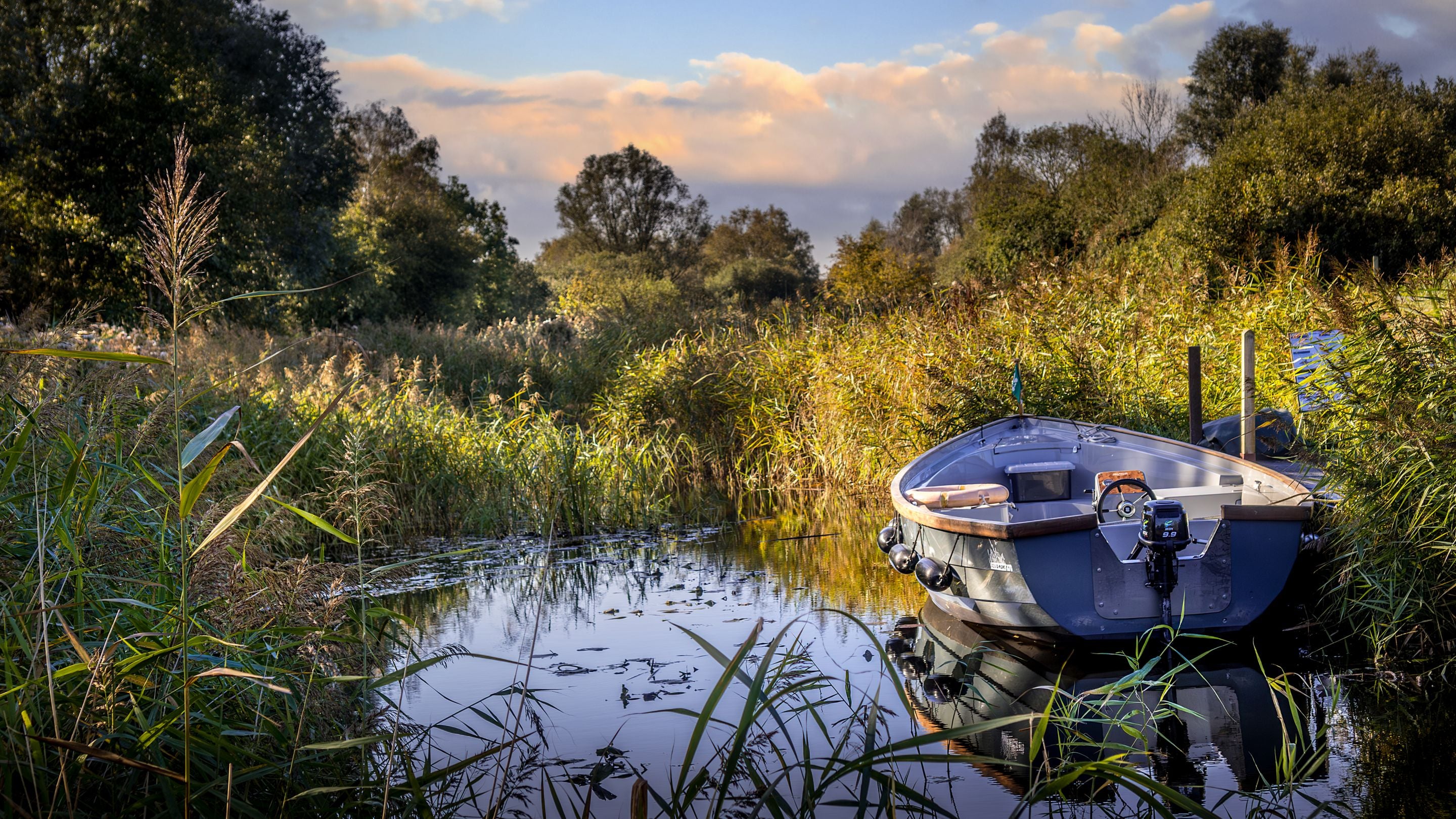A boat moored on the Wicken Fen Nature Reserve, Cambridgeshire