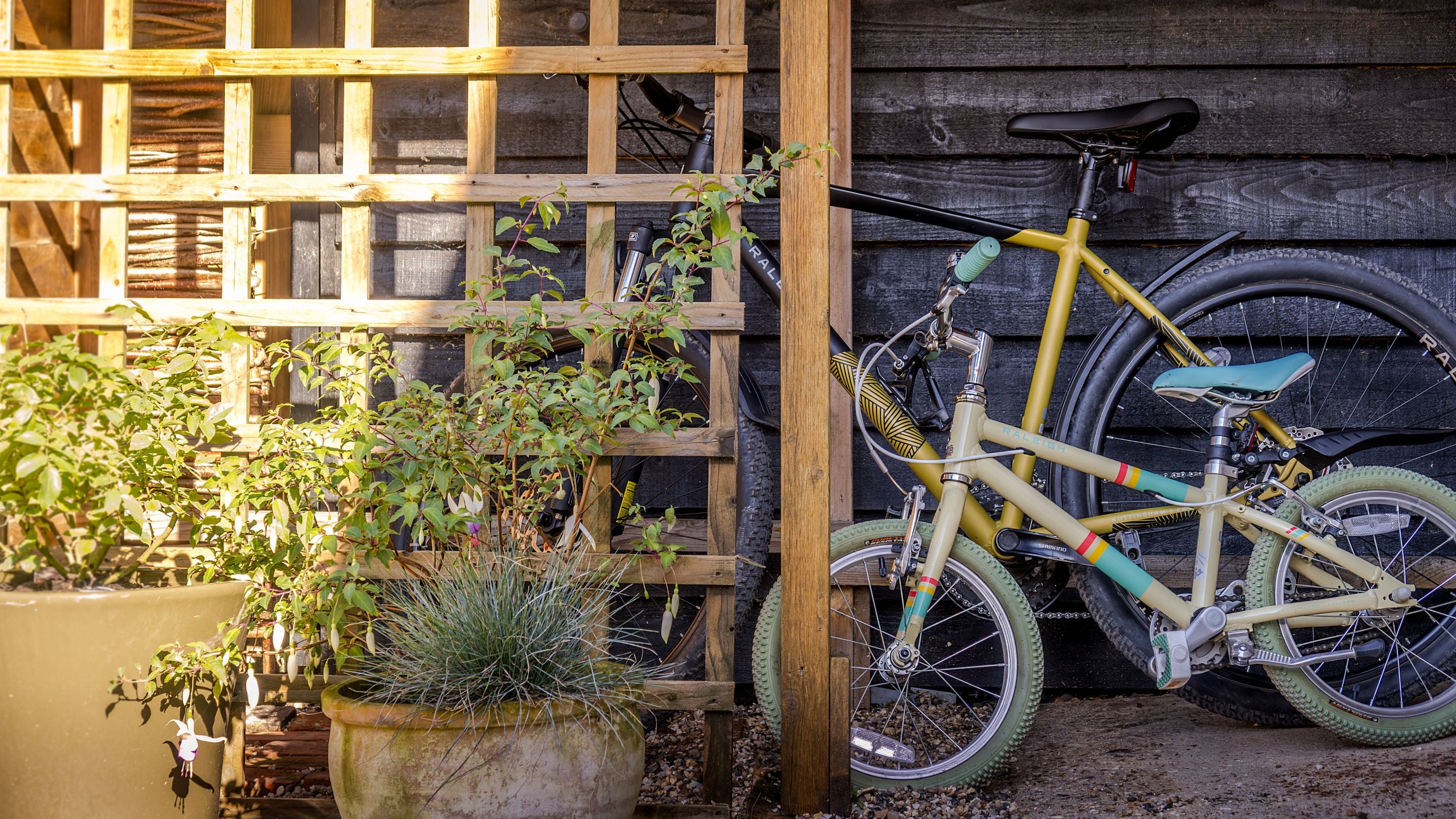 The covered bike storage in the back garden of Cladium, Cambridgeshire
