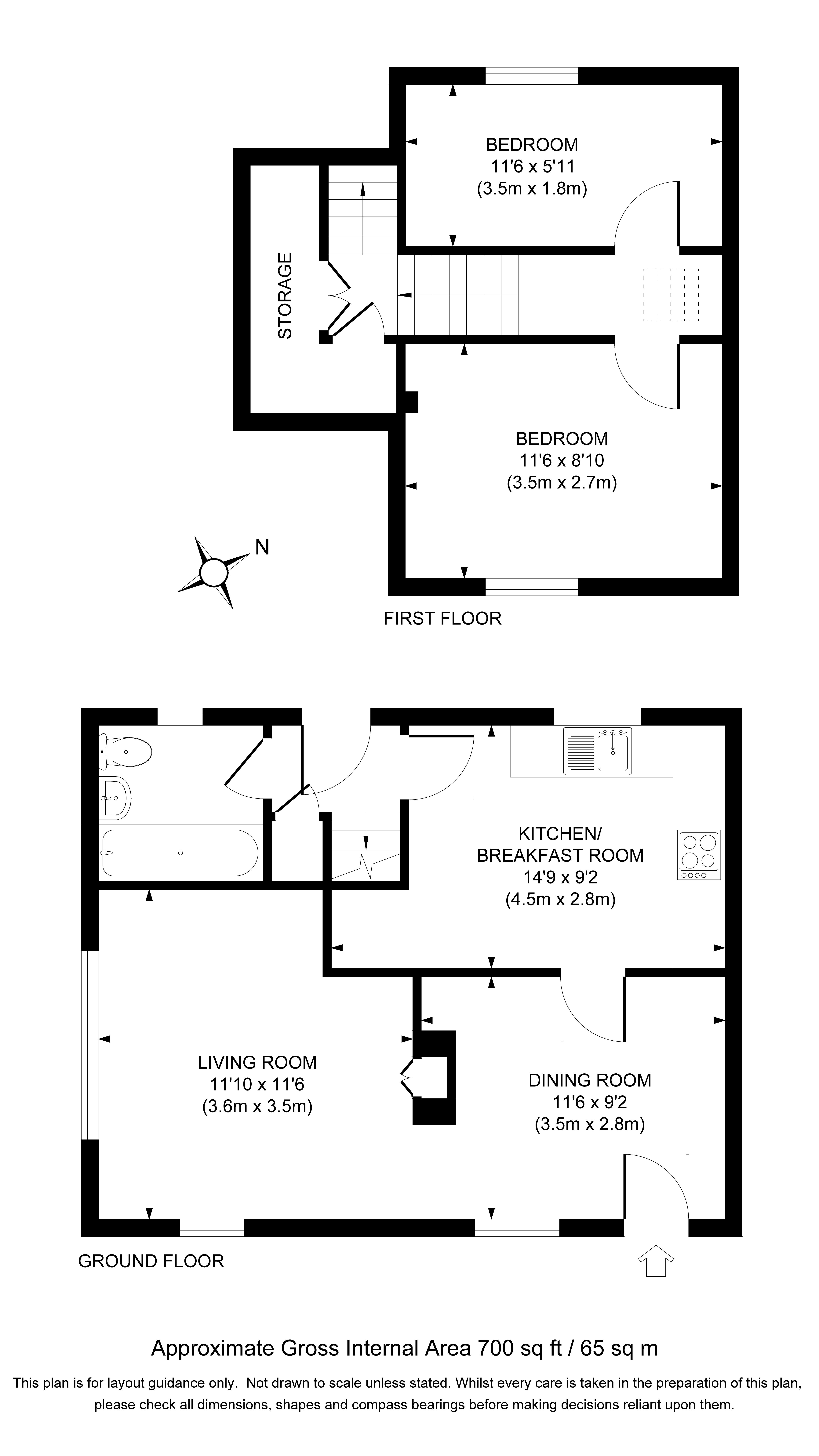 The floor plan for Cladium showing the ground floor with sitting room, dining room, bathroom and kitchen, and the first floor showing two bedrooms