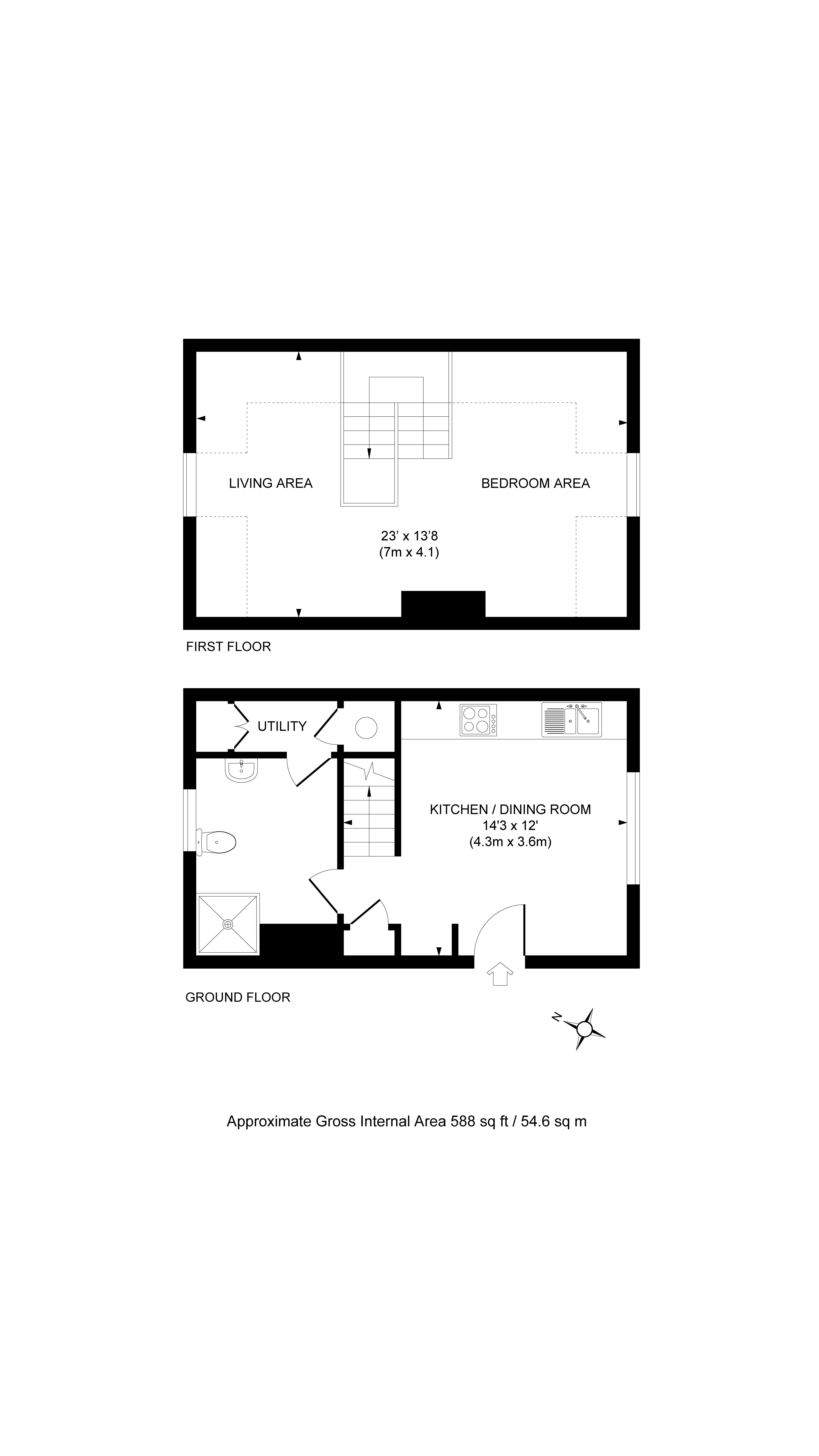 The floor plan for Peckover Stable Lodge, showing the ground floor with kitchen and shower room, and the first floor with sitting area and bedroom area