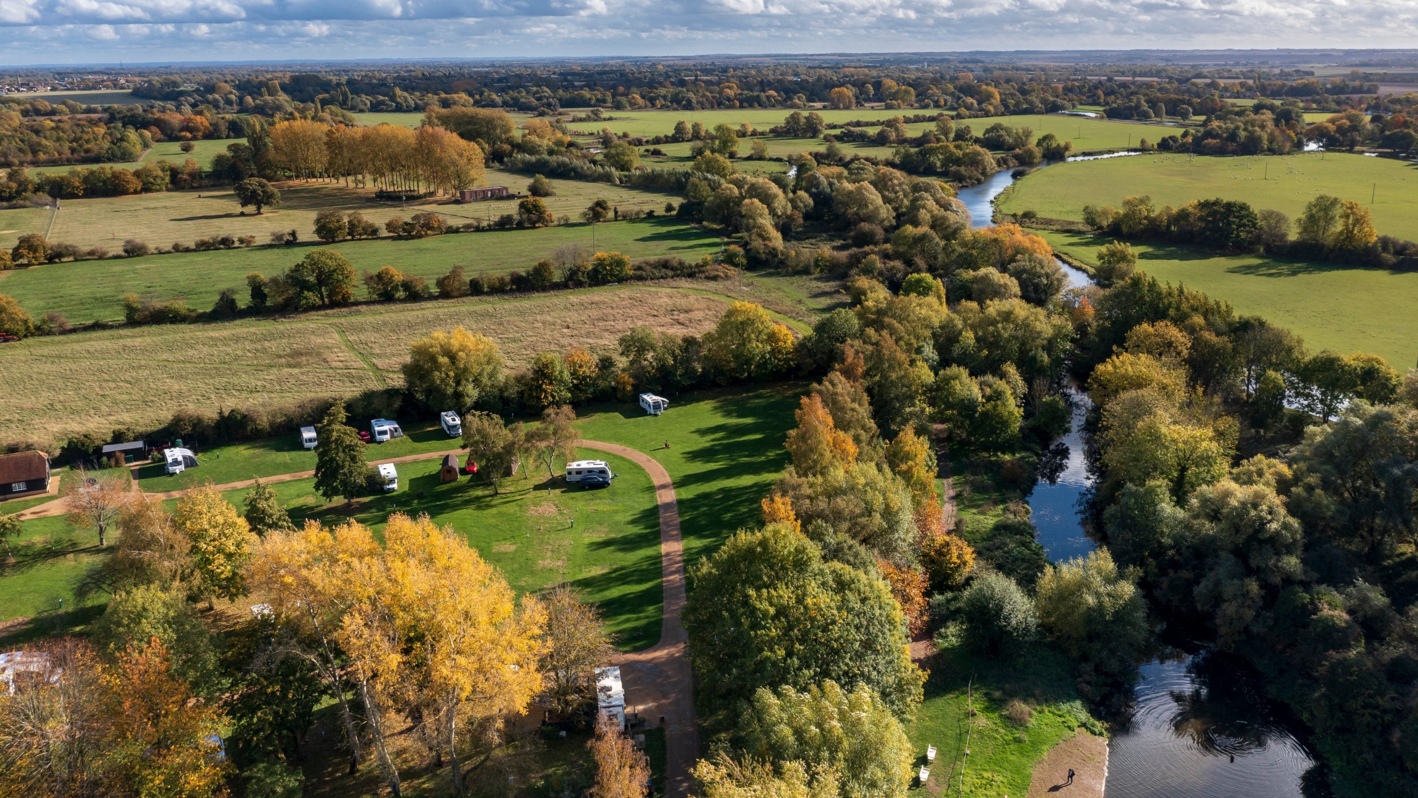 An aerial view of Waterclose Meadows Campsite and the surrounding area, Cambridgeshire