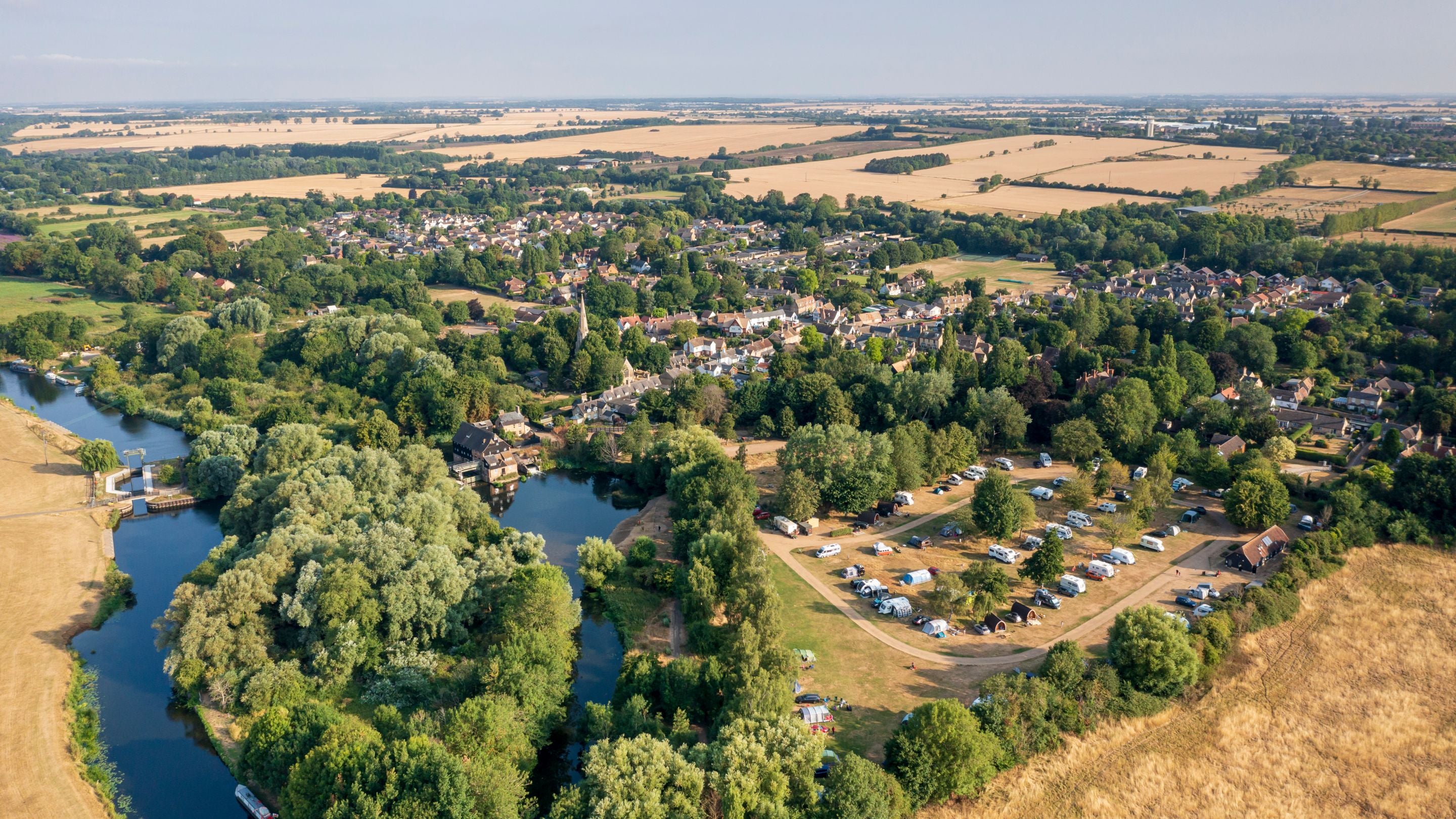 An aerial view of Waterclose Meadows Campsite and the surrounding area, Cambridgeshire