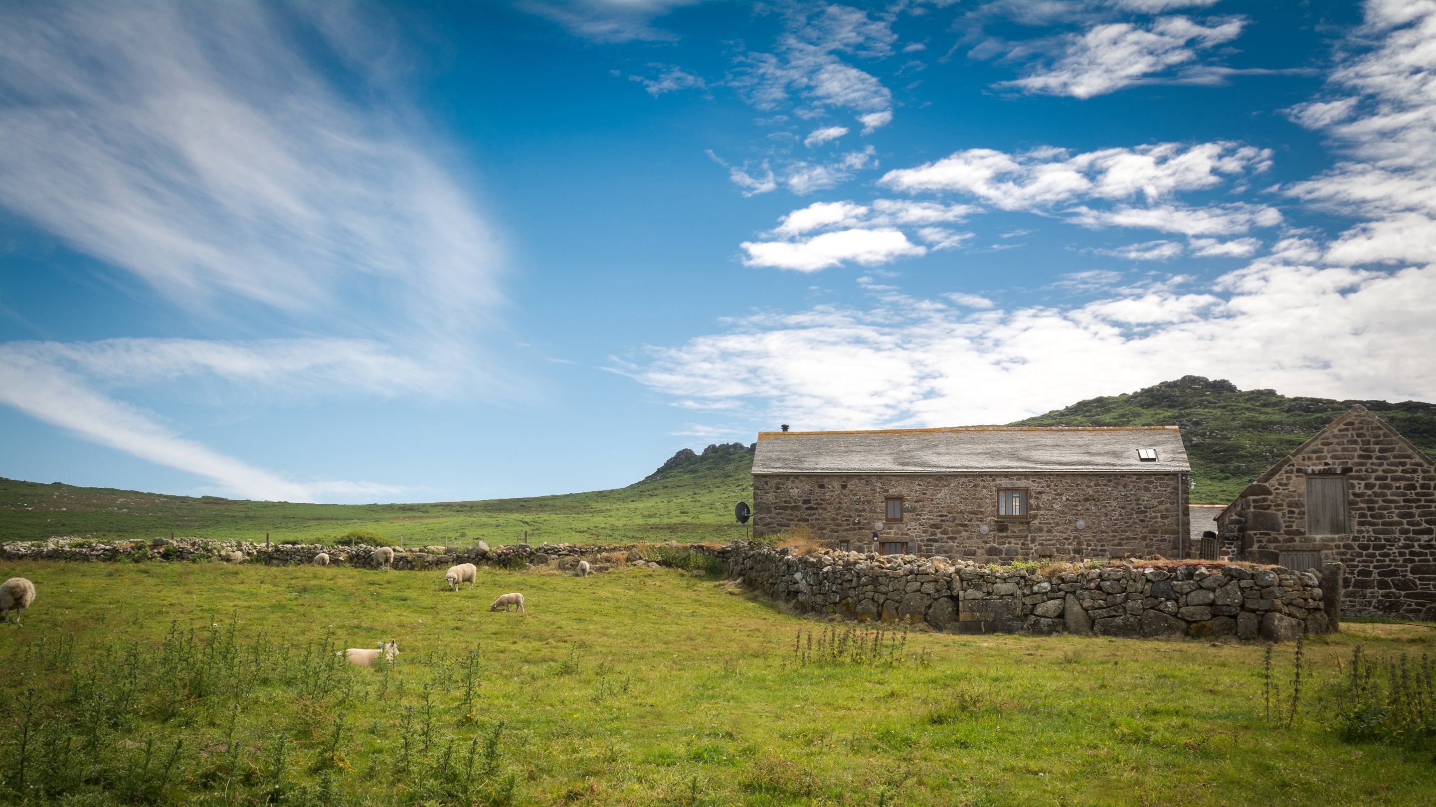 The exterior of Bosigran Cottage and surrounding fields, Cornwall