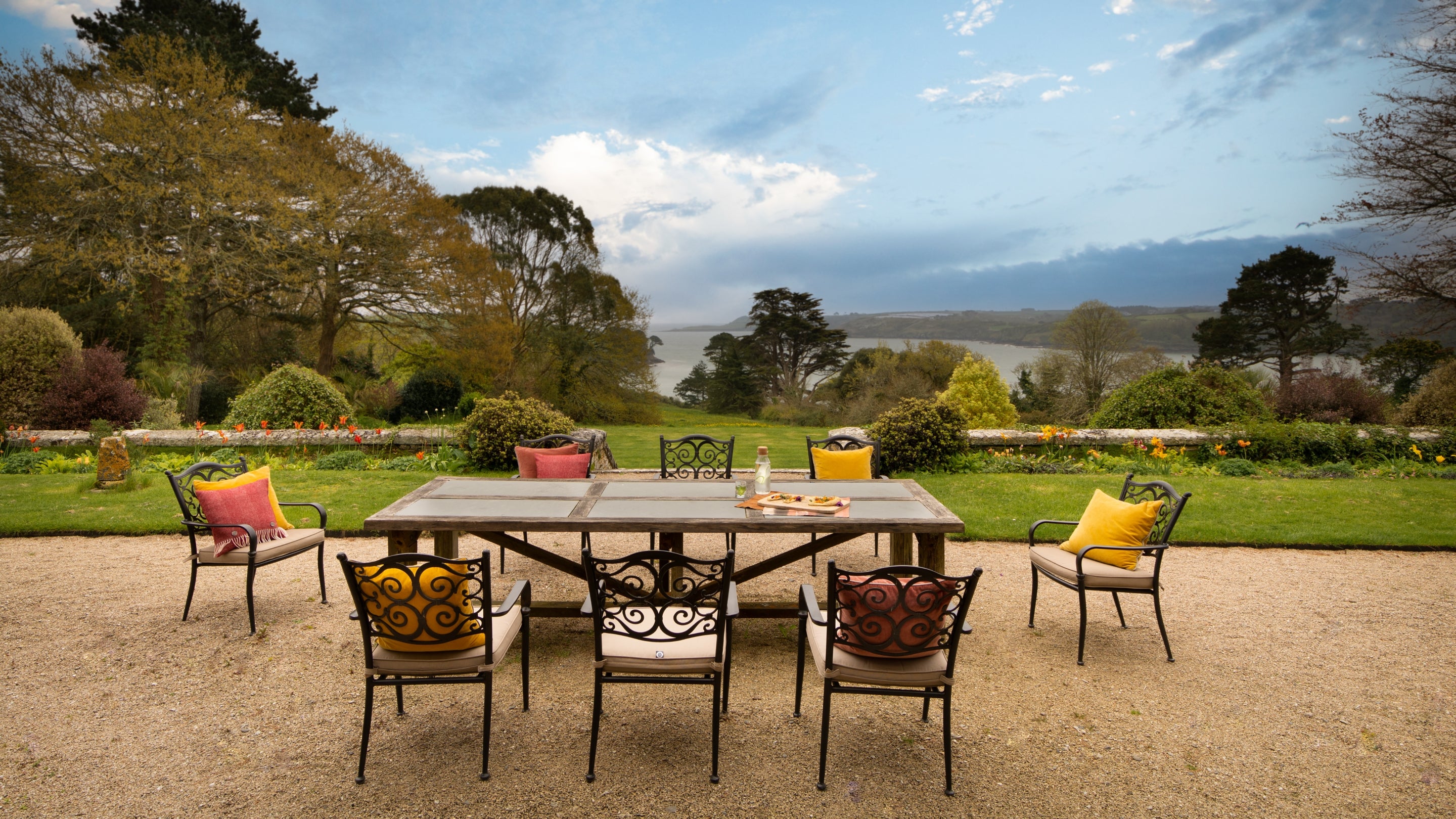 The view from the outdoor dining table at Bosveal, Cornwall