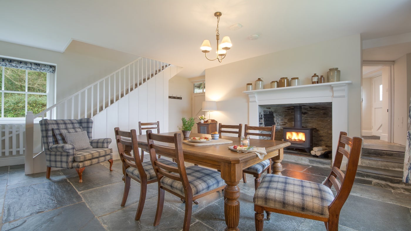 The dining room at Caragloose Farm House, Roseland, Cornwall