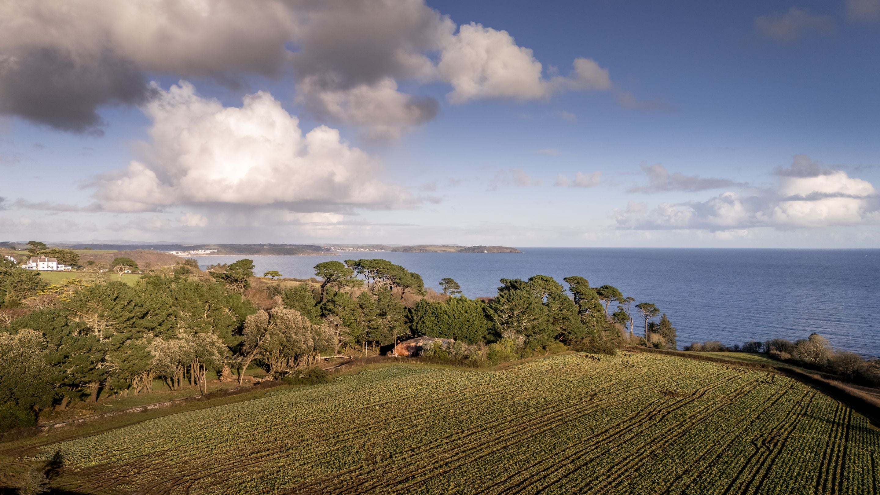 An aerial view of the farmland on the coast near Chenhalls Barn, looking out to sea, Cornwall