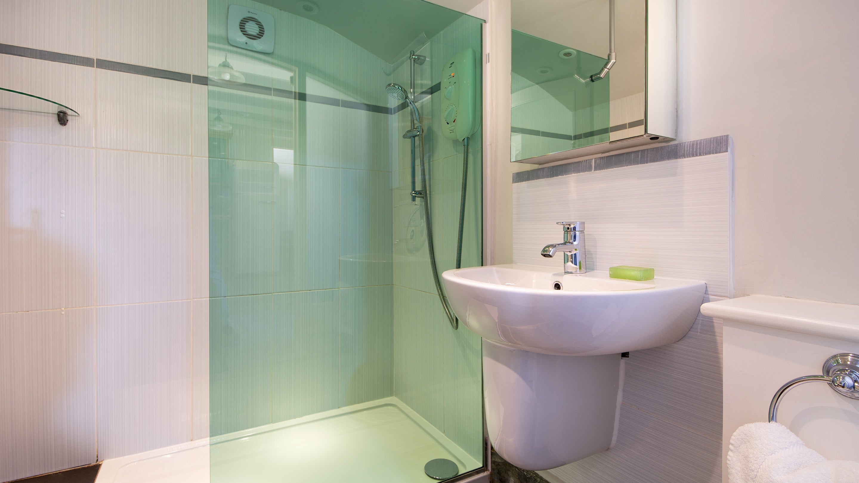The shower room at Doyden Castle, Cornwall