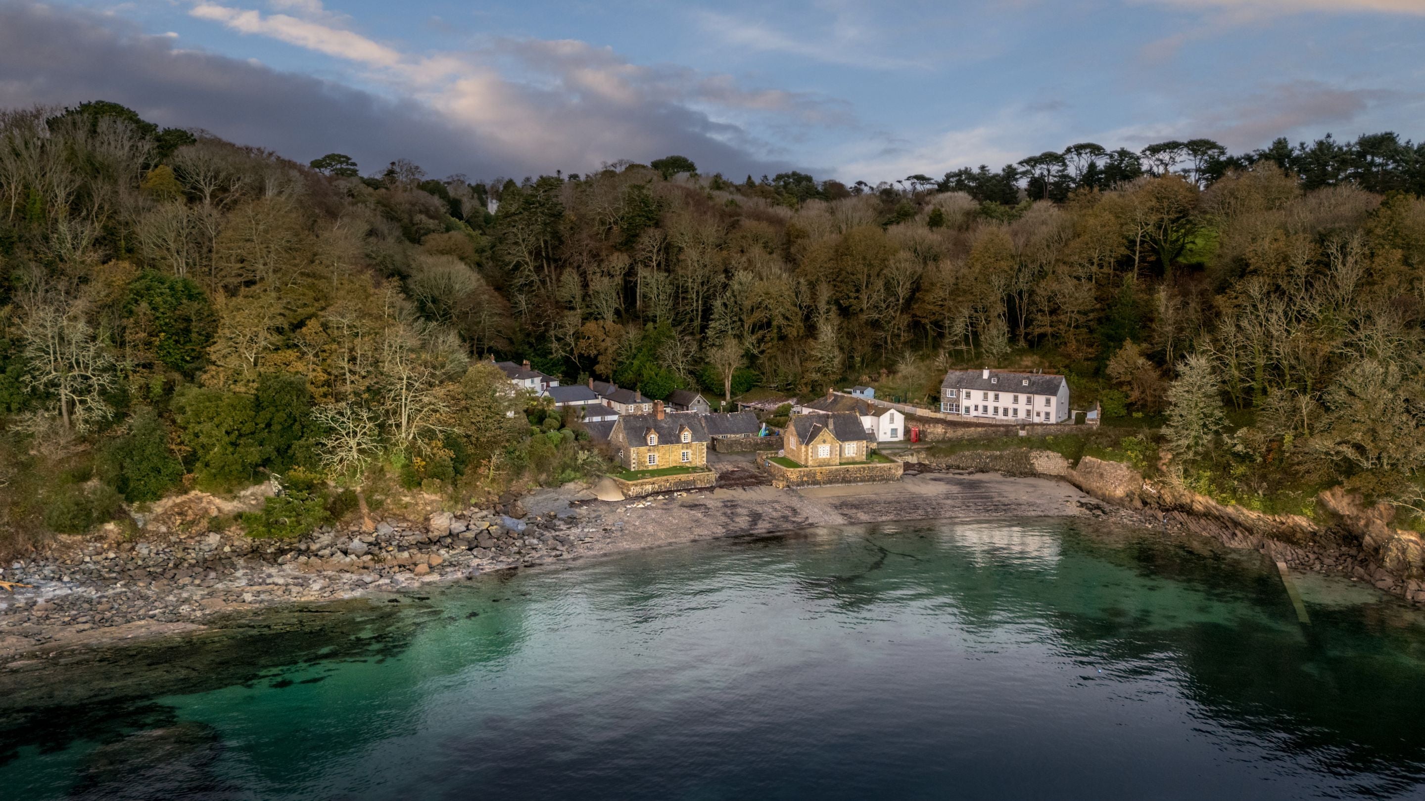 An aerial view of the cottages at Durgan, Cornwall