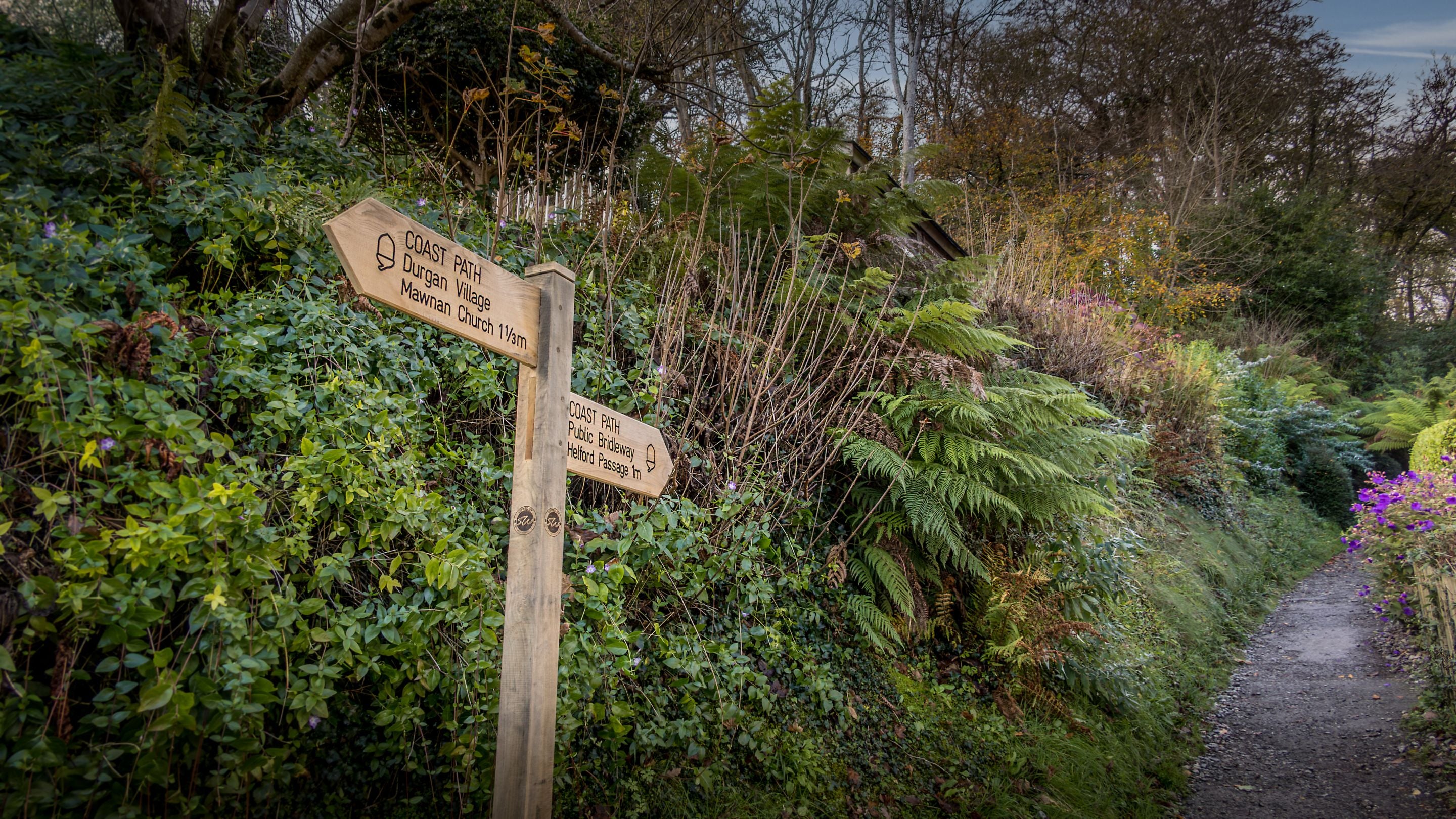 The coast path near the cottages at Durgan, Cornwall