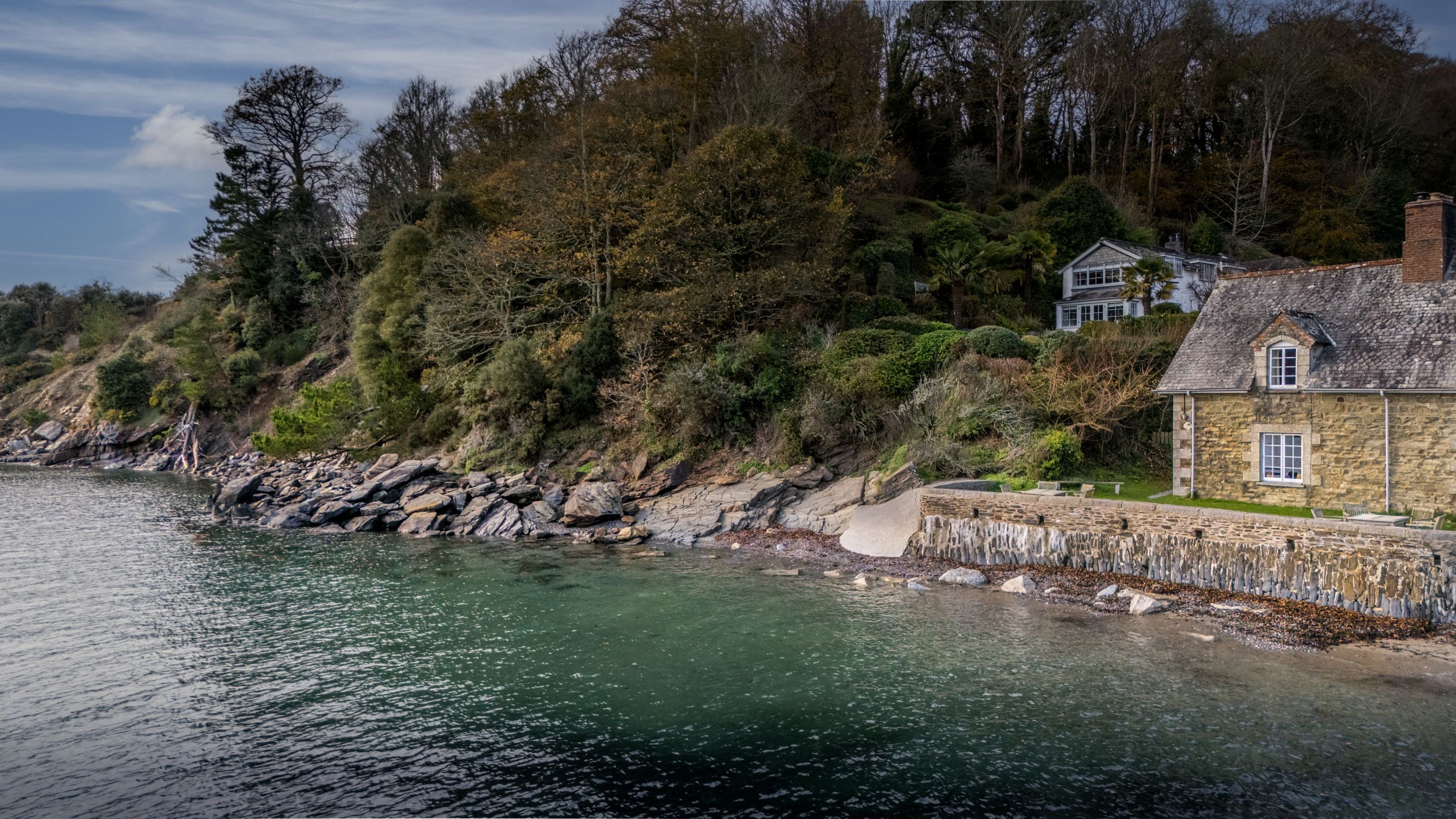The exterior of Durgan Quay Cottage at Durgan Beach on the Helford River, Cornwall