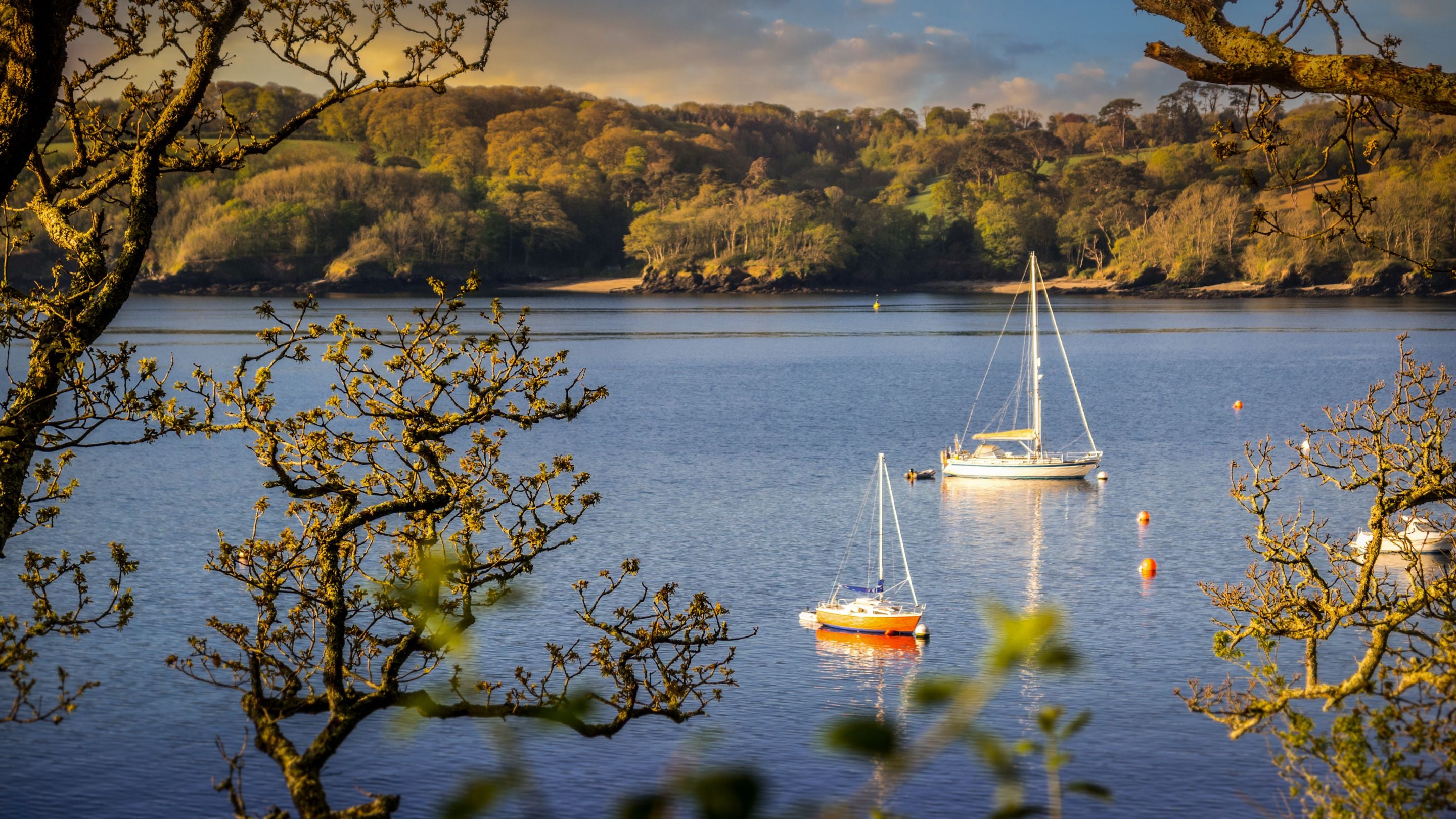 Boats on the Helford River viewed from the coast path in winter, Cornwall