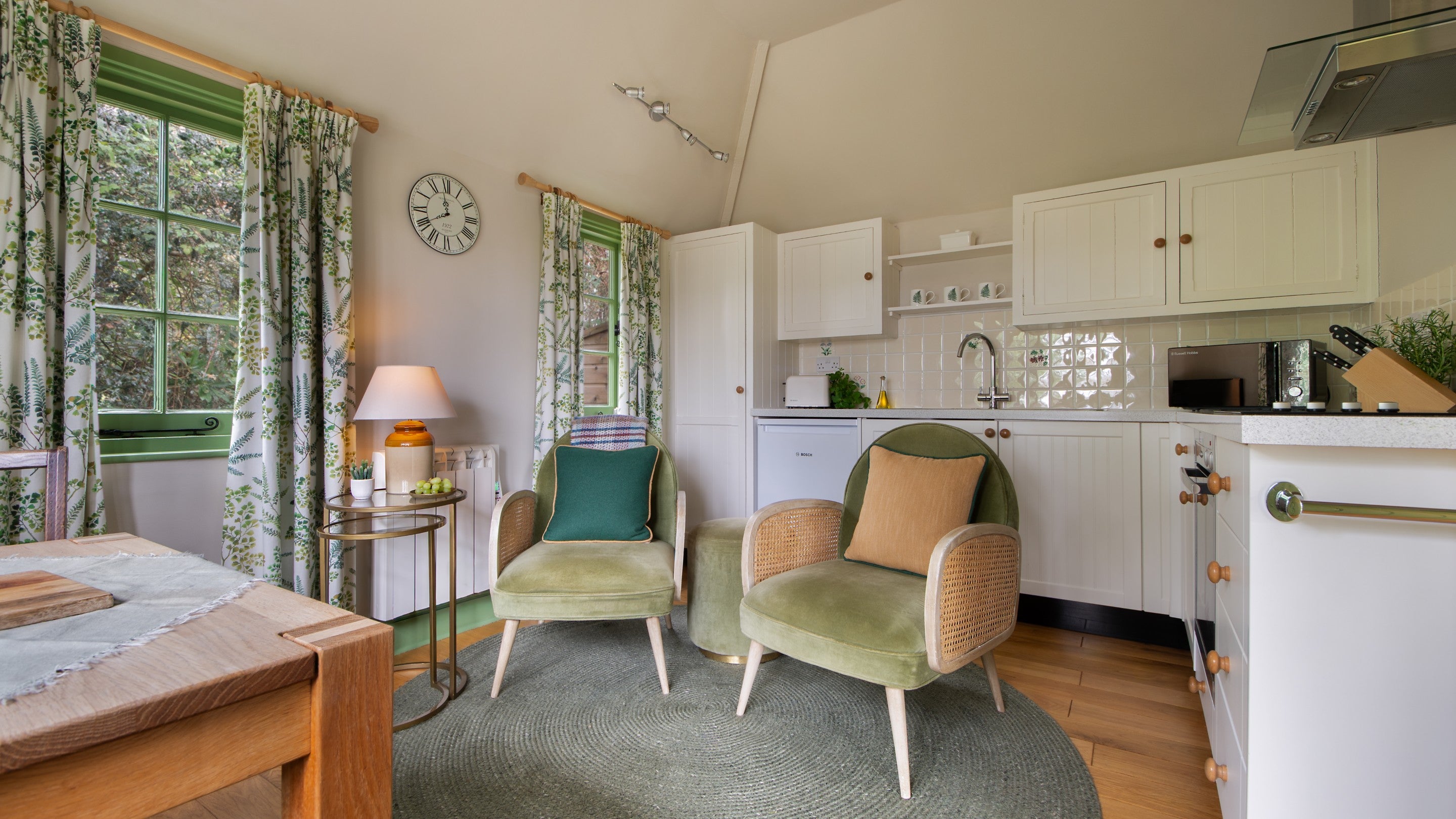 The open-plan kitchen, dining and sitting room at Durgan Wood Cottage, Cornwall