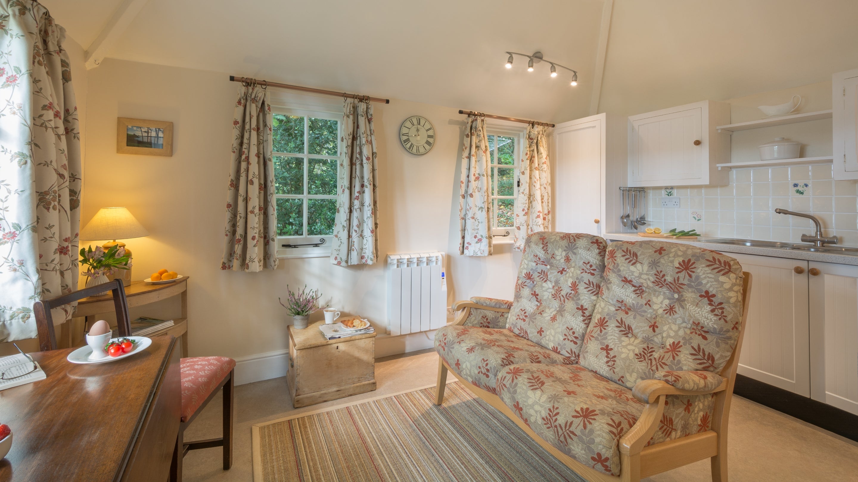 The living and kitchen area at Durgan Wood Cottage, Cornwall
