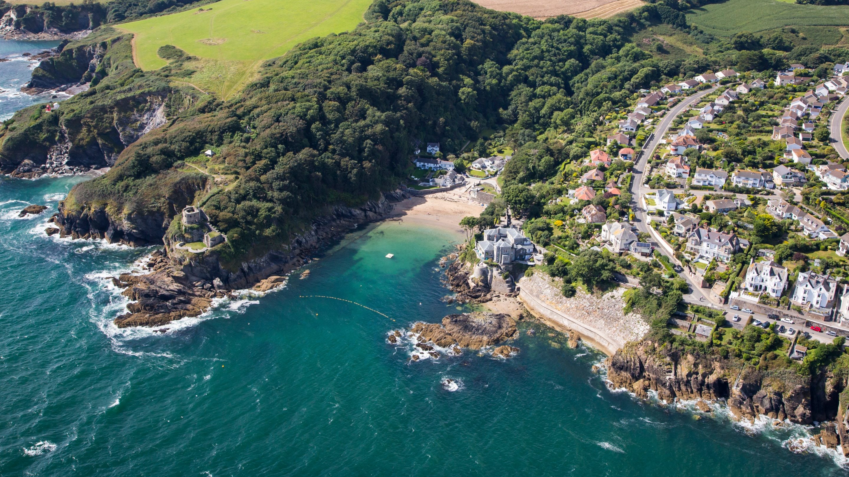An aerial view of Fowey showing Readymoney Cove, Cornwall