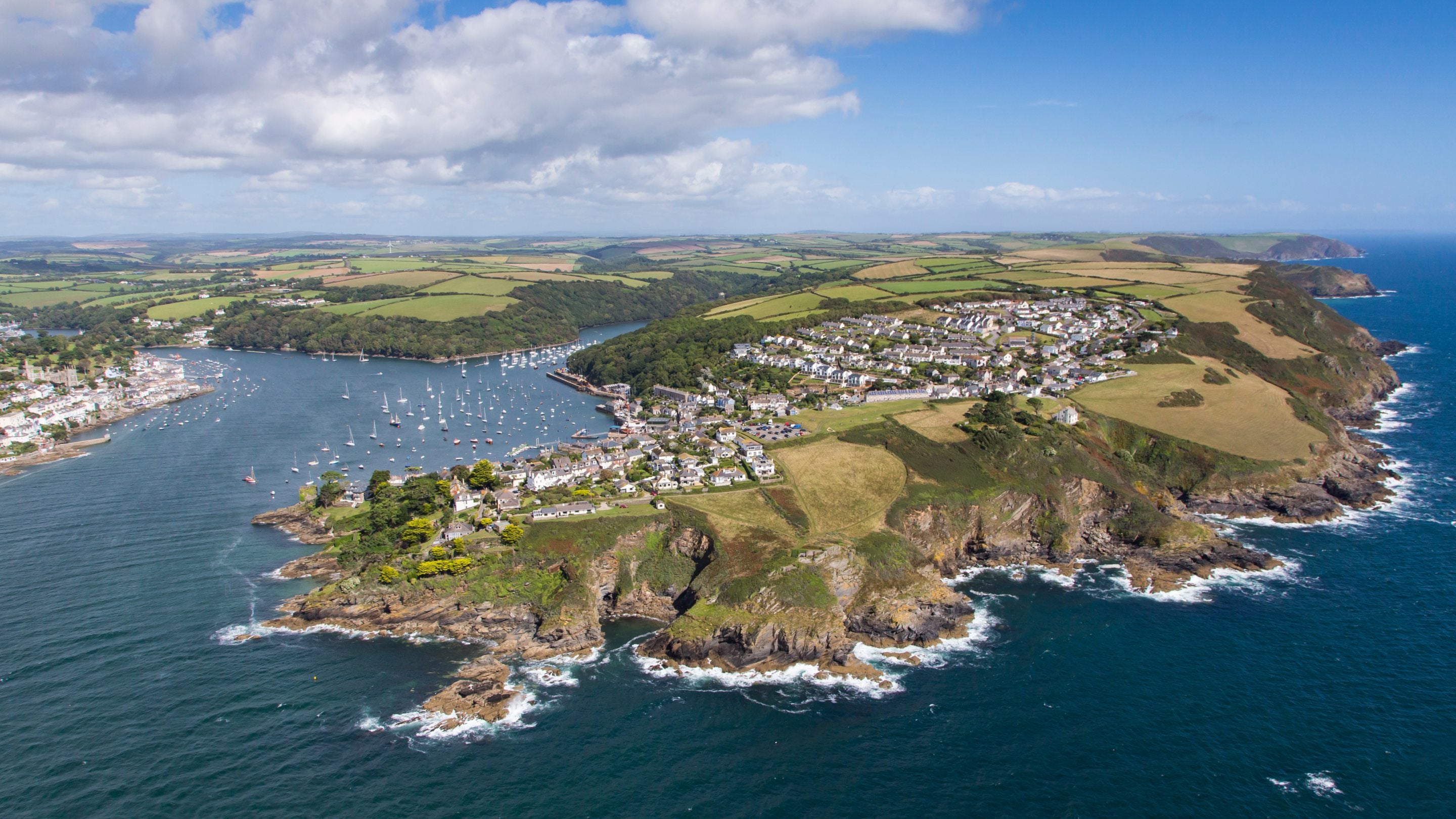 An aerial view of Fowey and Polruan and the estuary, Cornwall