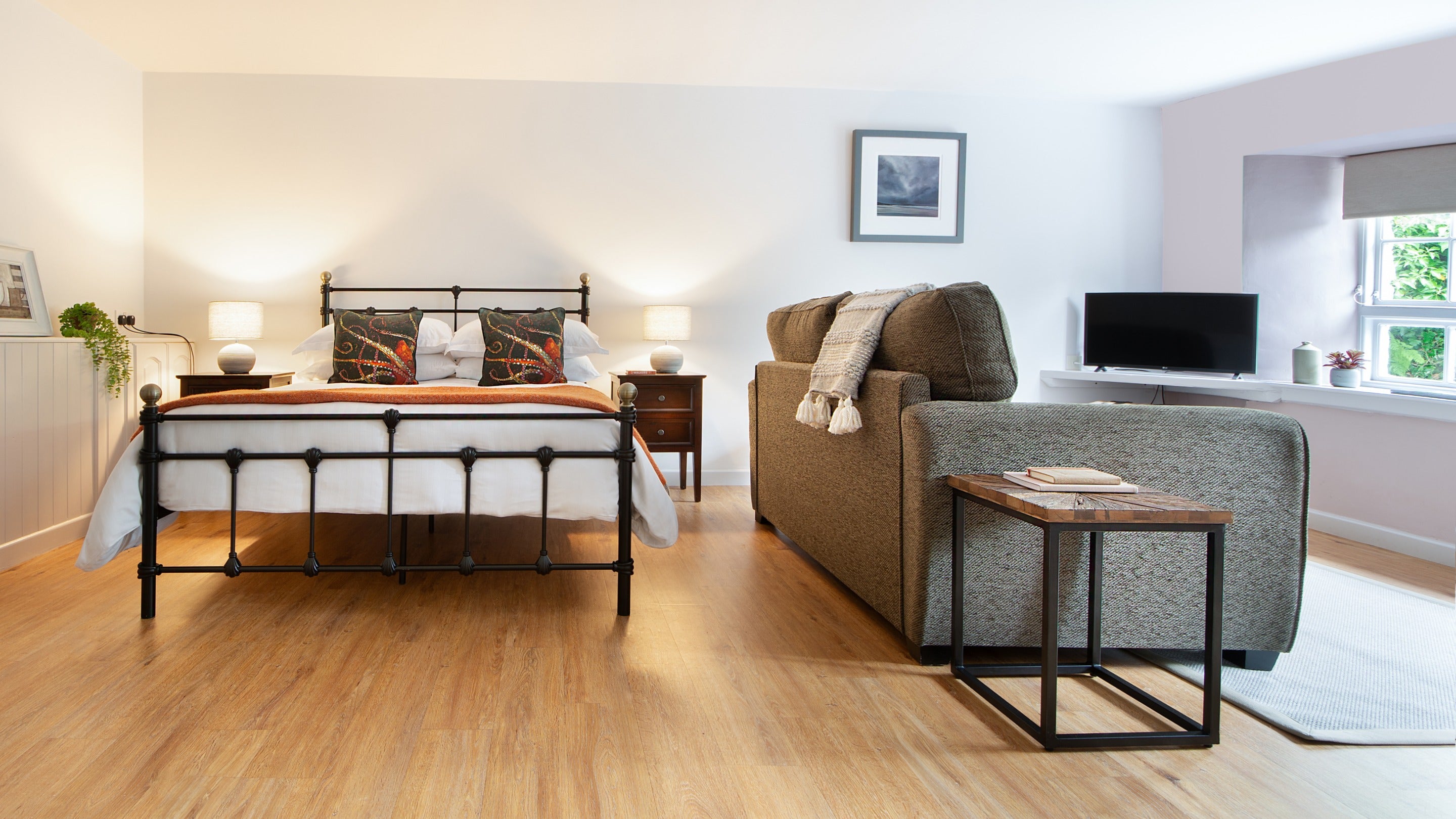The open-plan room with king-size bed, sofa and television at The Gaffer, Cornwall