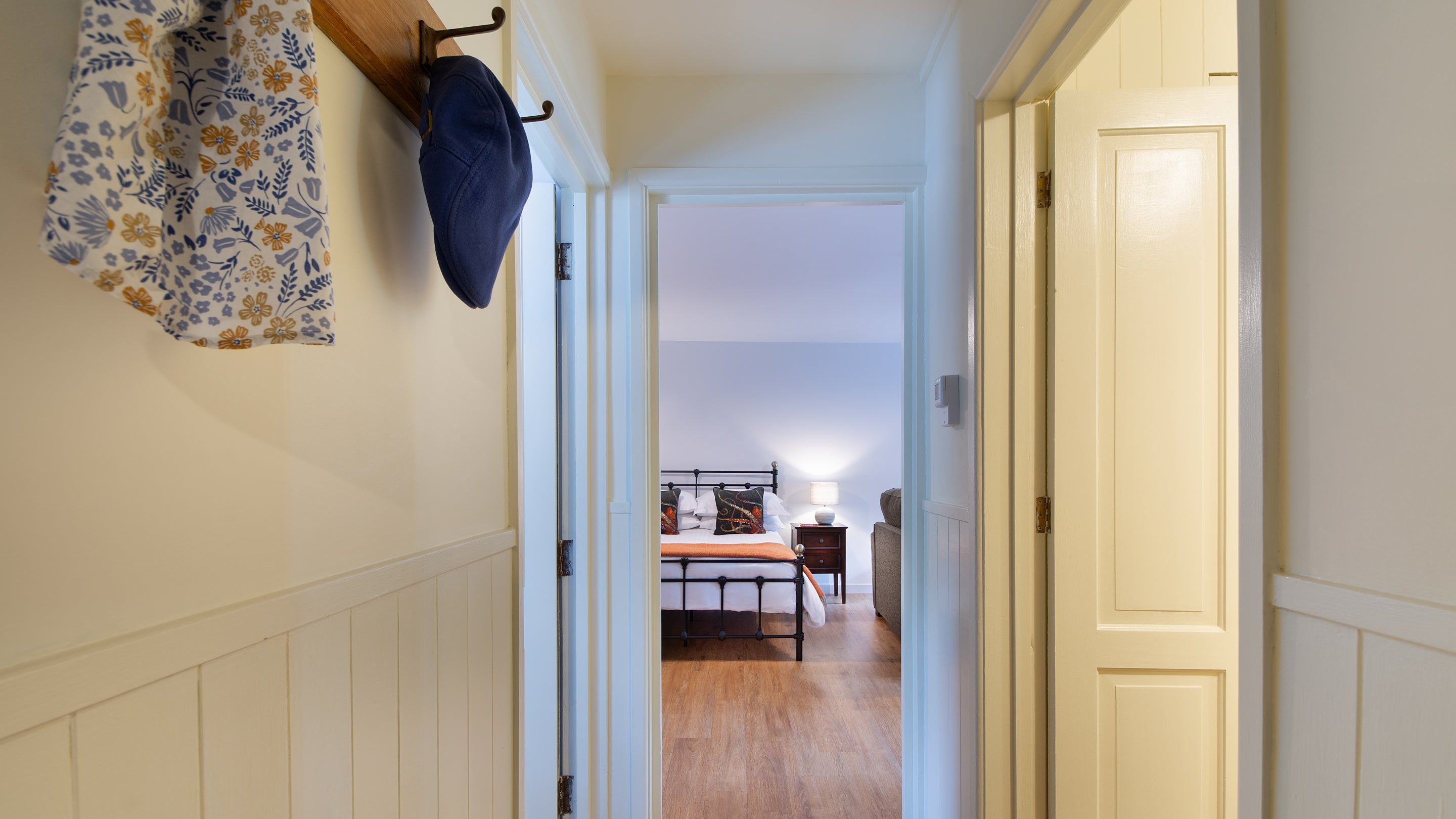 The entrance hall with coat hooks at The Gaffer, Cornwall