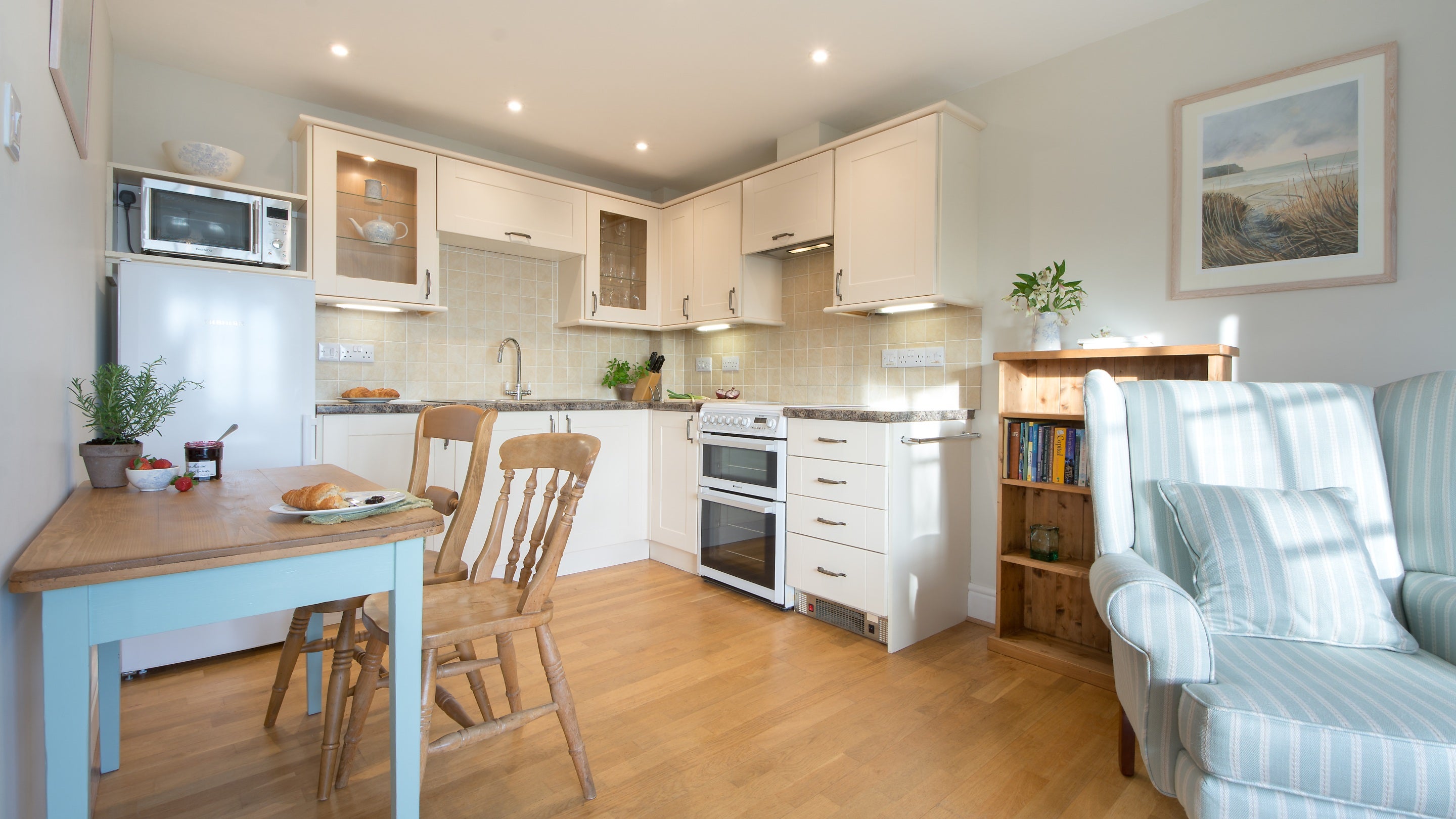 The open-plan kitchen, dining and sitting room at Gwendra Dairy Cottage, Cornwall