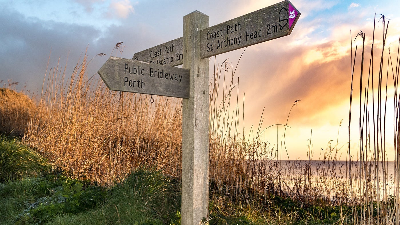 Signpost for the South West Coast Path near Gwendra Wartha, Cornwall