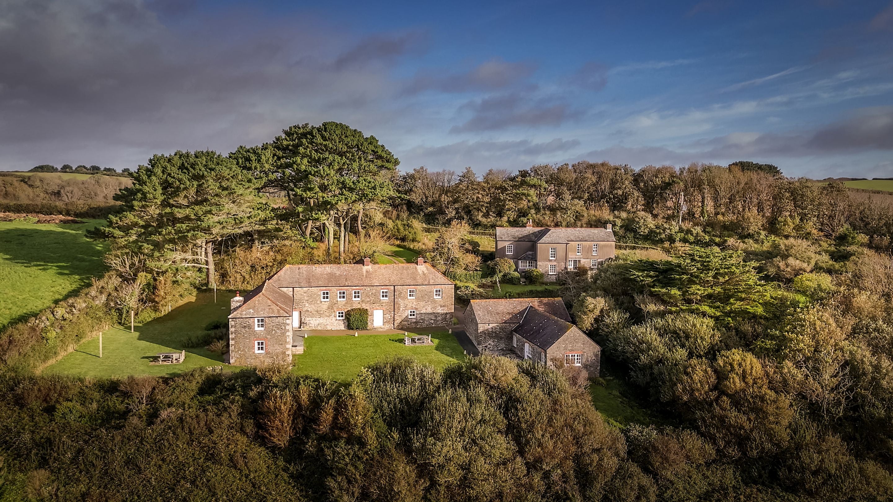 An aerial view of the Gwendra cottages, Gwendra Wartha, Gwendra Granary, Gwendra Dairy Cottage, Mowhay and Hayloft, Cornwall