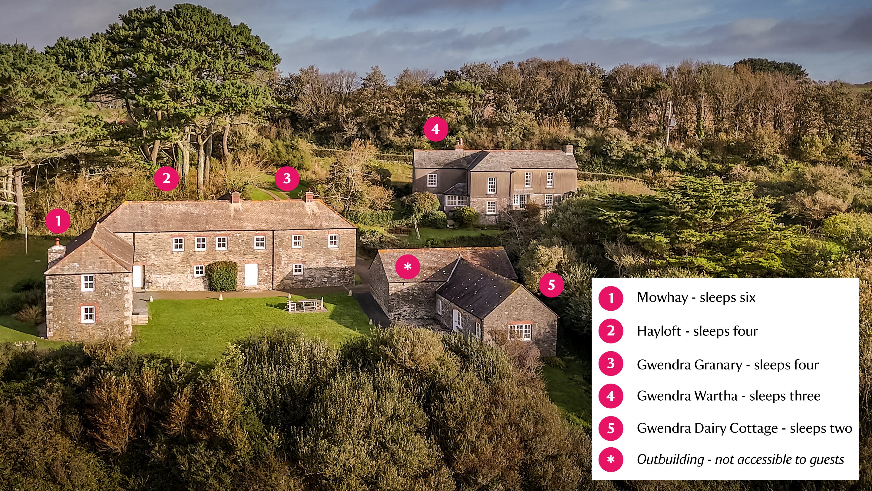 An aerial view of the five cottages at Gwendra with a large shared garden space, which can be booked together for a group of up to 19 guests, Cornwall