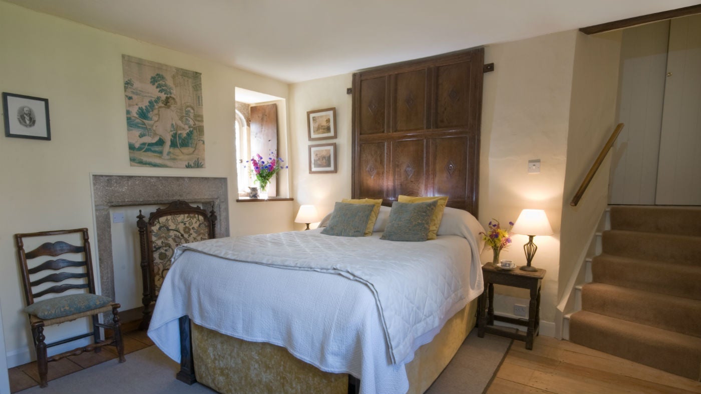 The double bedroom at Hall Court, Cotehele, St Dominick, Cornwall
