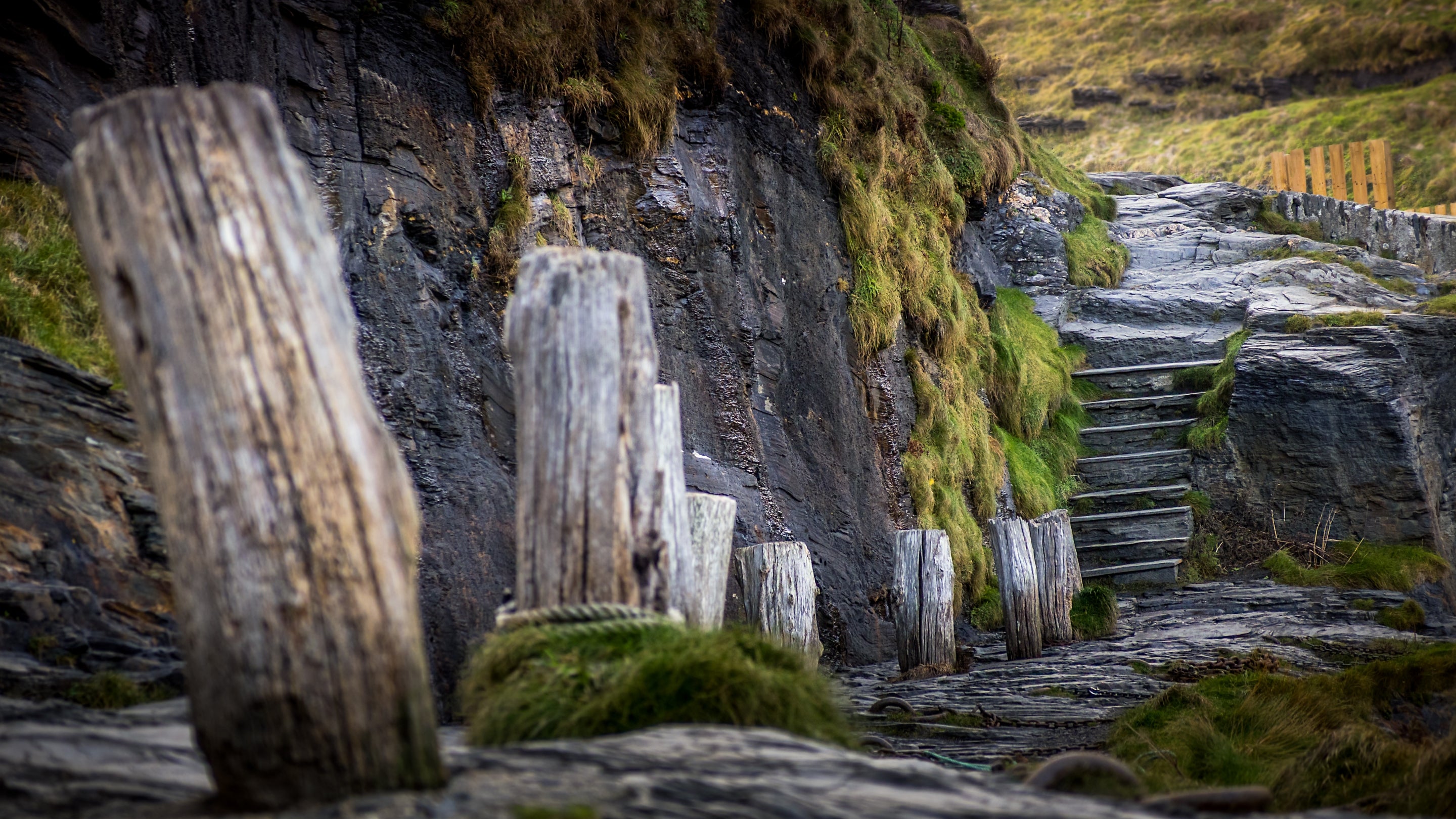 A footpath on the rocky cliffside at Boscastle quay, Cornwall