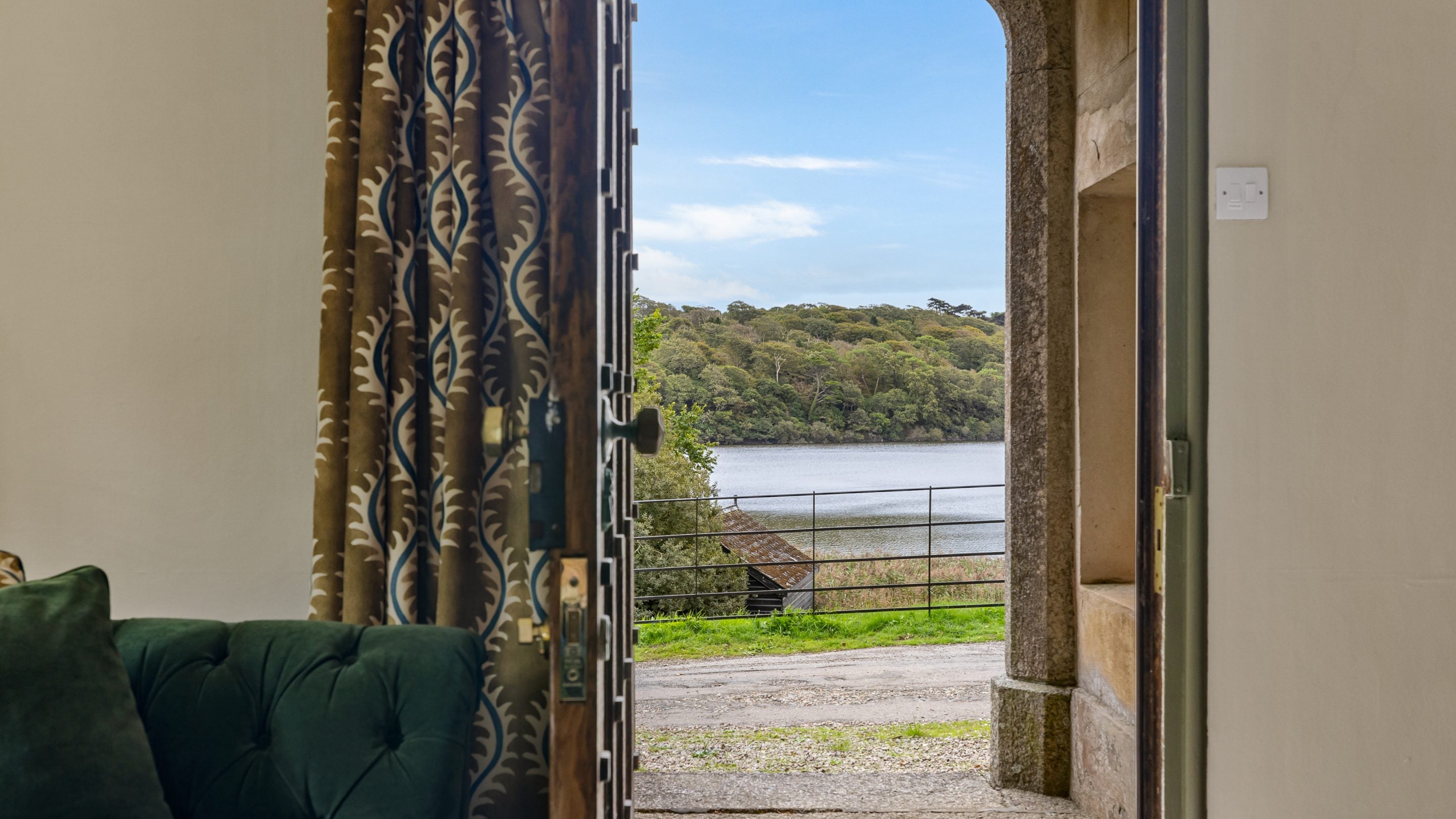 The view from the external door in the sitting room at Helston Lodge, Cornwall