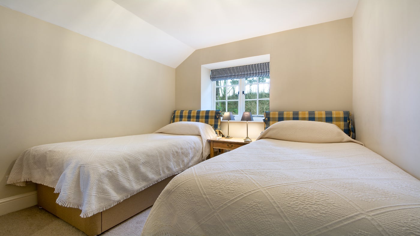 One of the twin bedrooms at Mowhay, Roseland, Cornwall