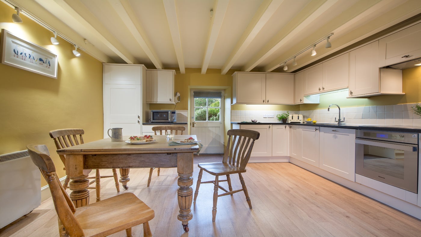 The kitchen and dining area at Mowhay, Roseland, Cornwall