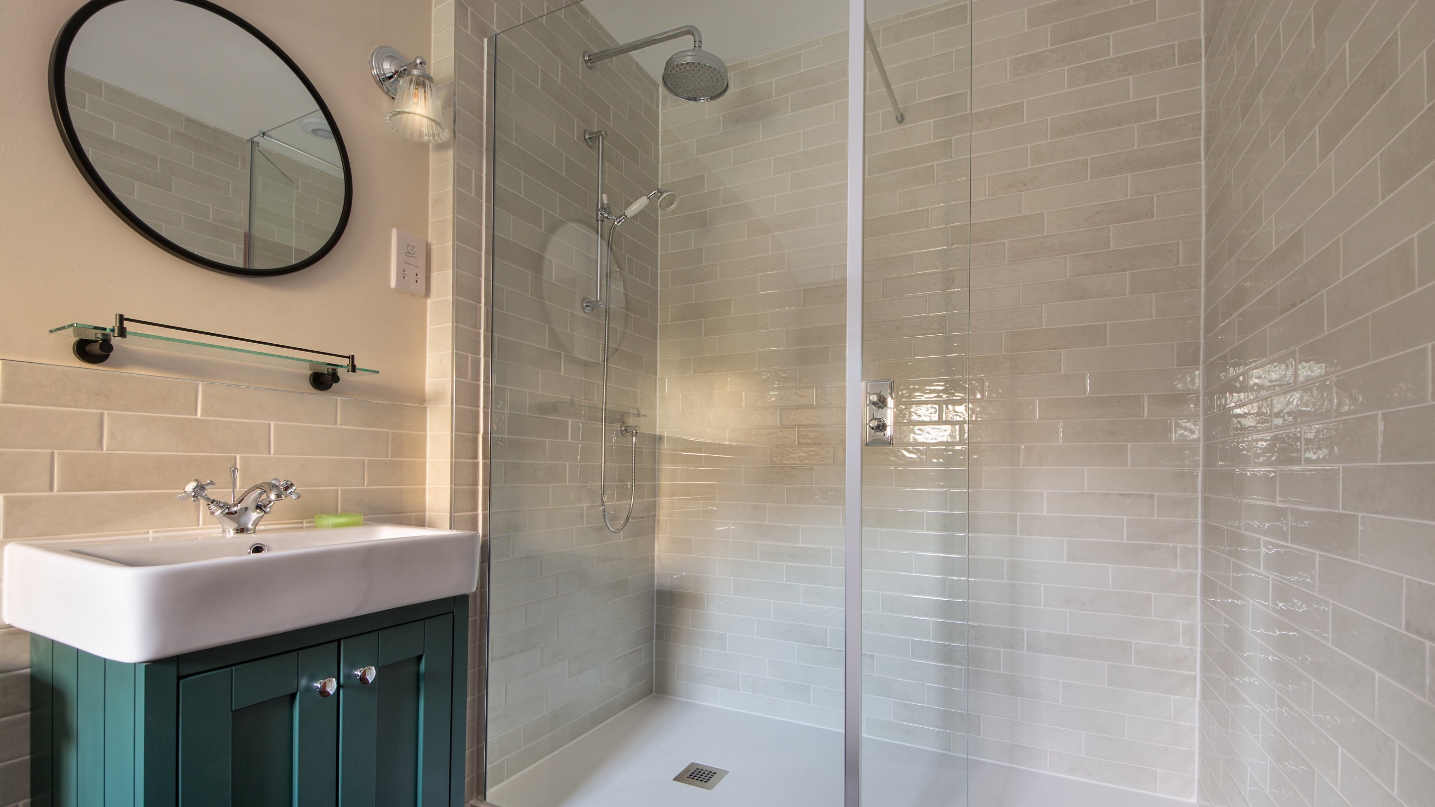 The freestanding shower in the en-suite bathroom at Nanceglos House, Cornwall