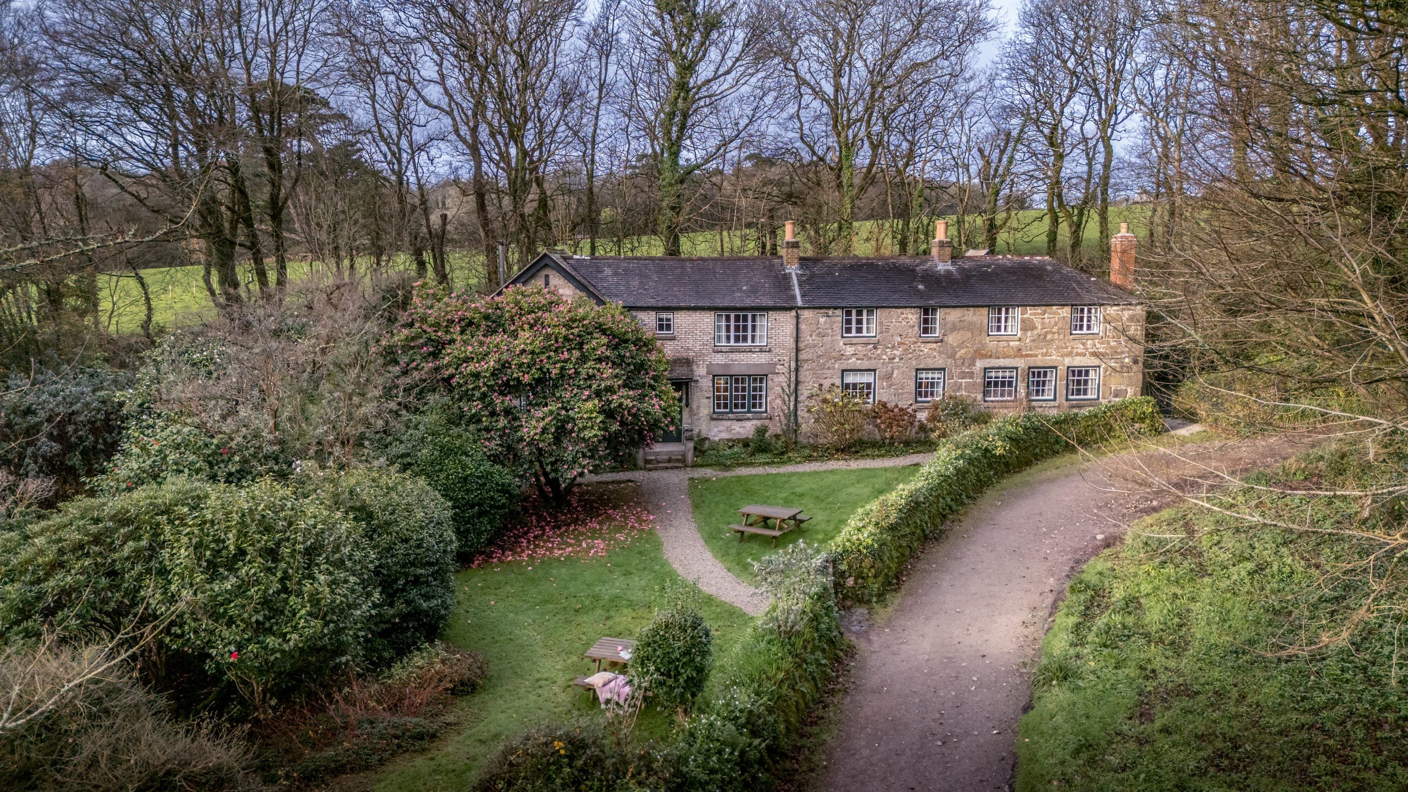 An aerial view of Nanceglos House, Cornwall