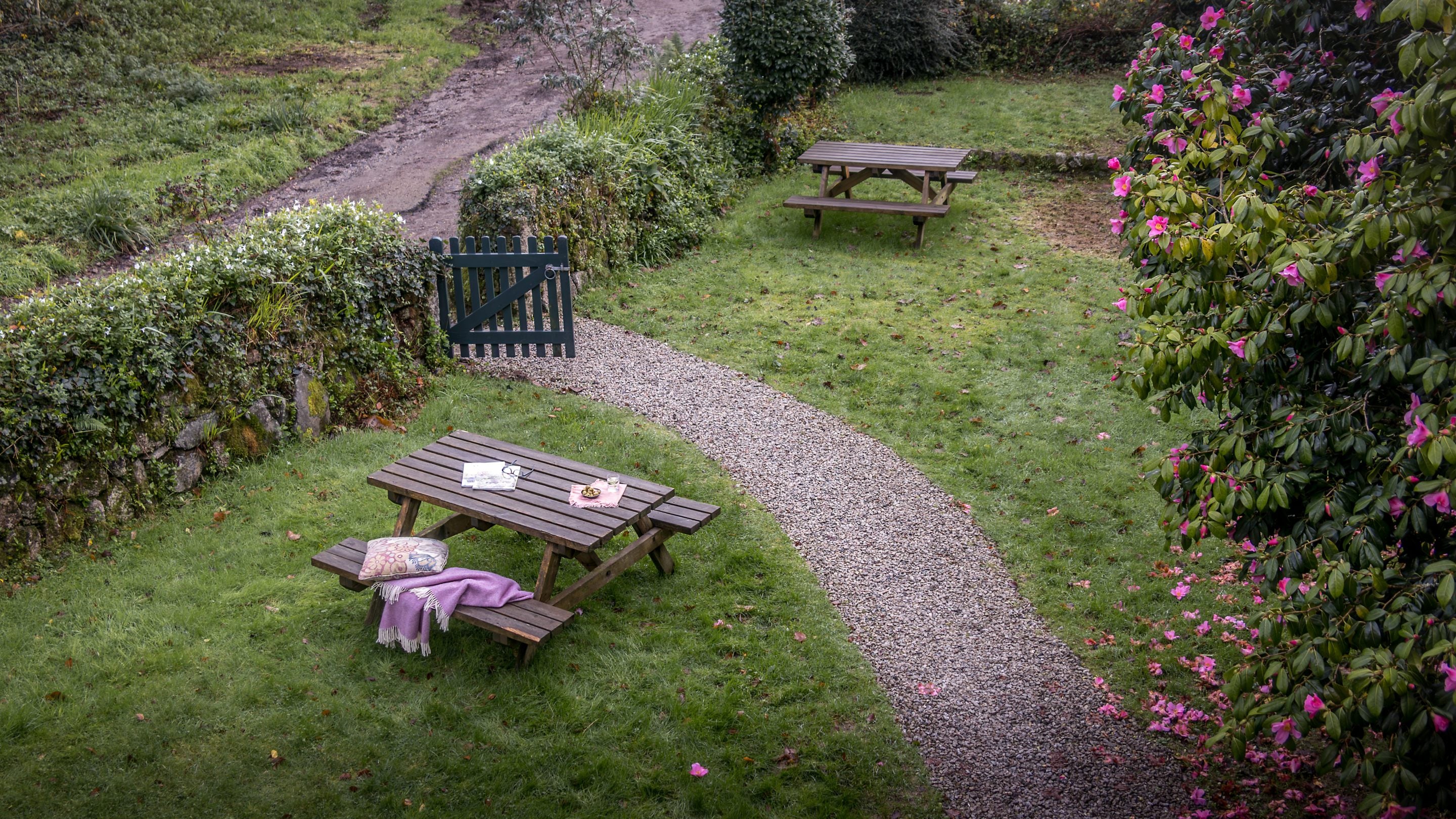 The garden with outdoor furniture at Nanceglos House, Cornwall