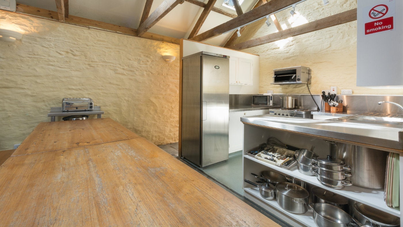The kitchen at Penrose Bunkhouse, Cornwall