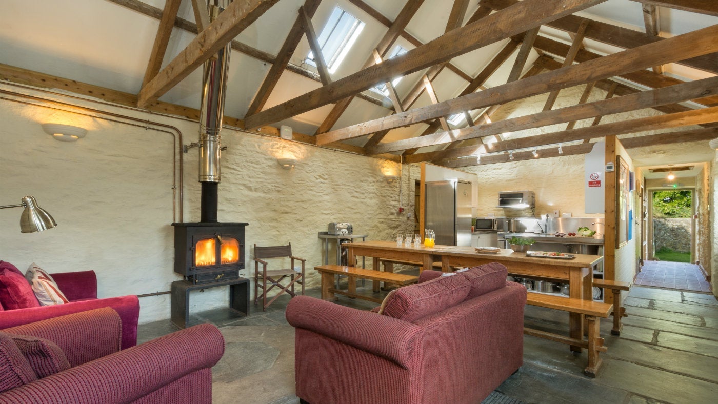 Open plan sitting / dining / kitchen area, Penrose Bunkhouse, Cornwall