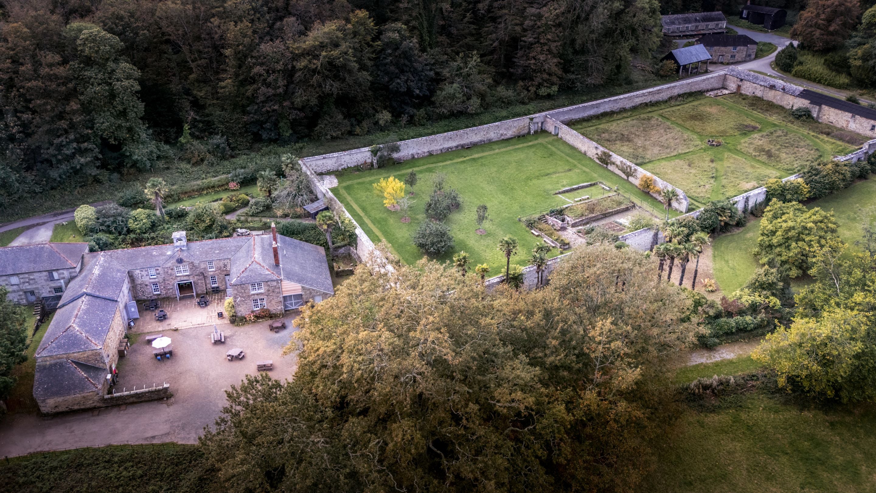 An aerial view of the stables and walled garden at Penrose, Cornwall