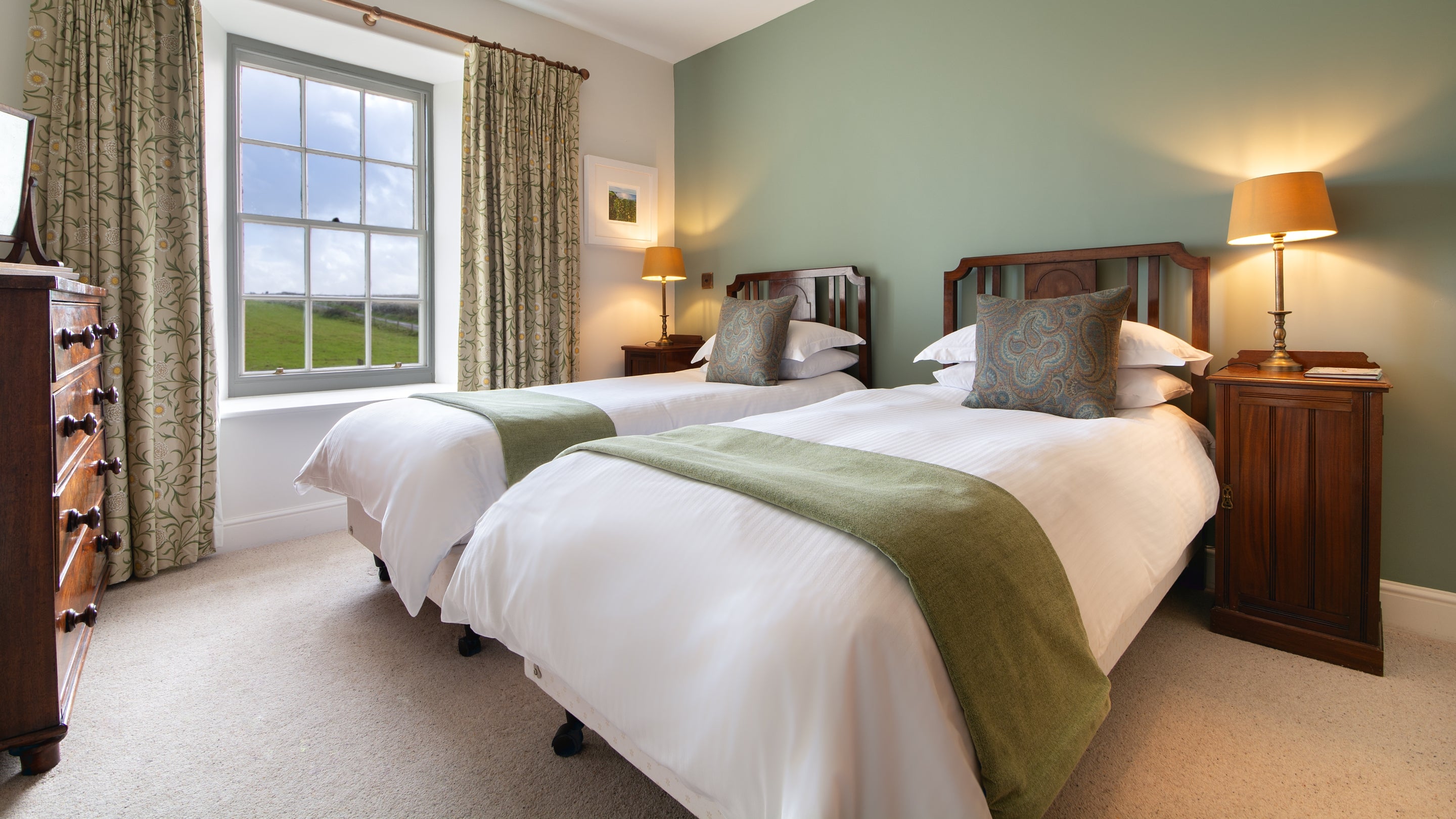 The first twin bedroom at Pentire Head Farmhouse, Cornwall