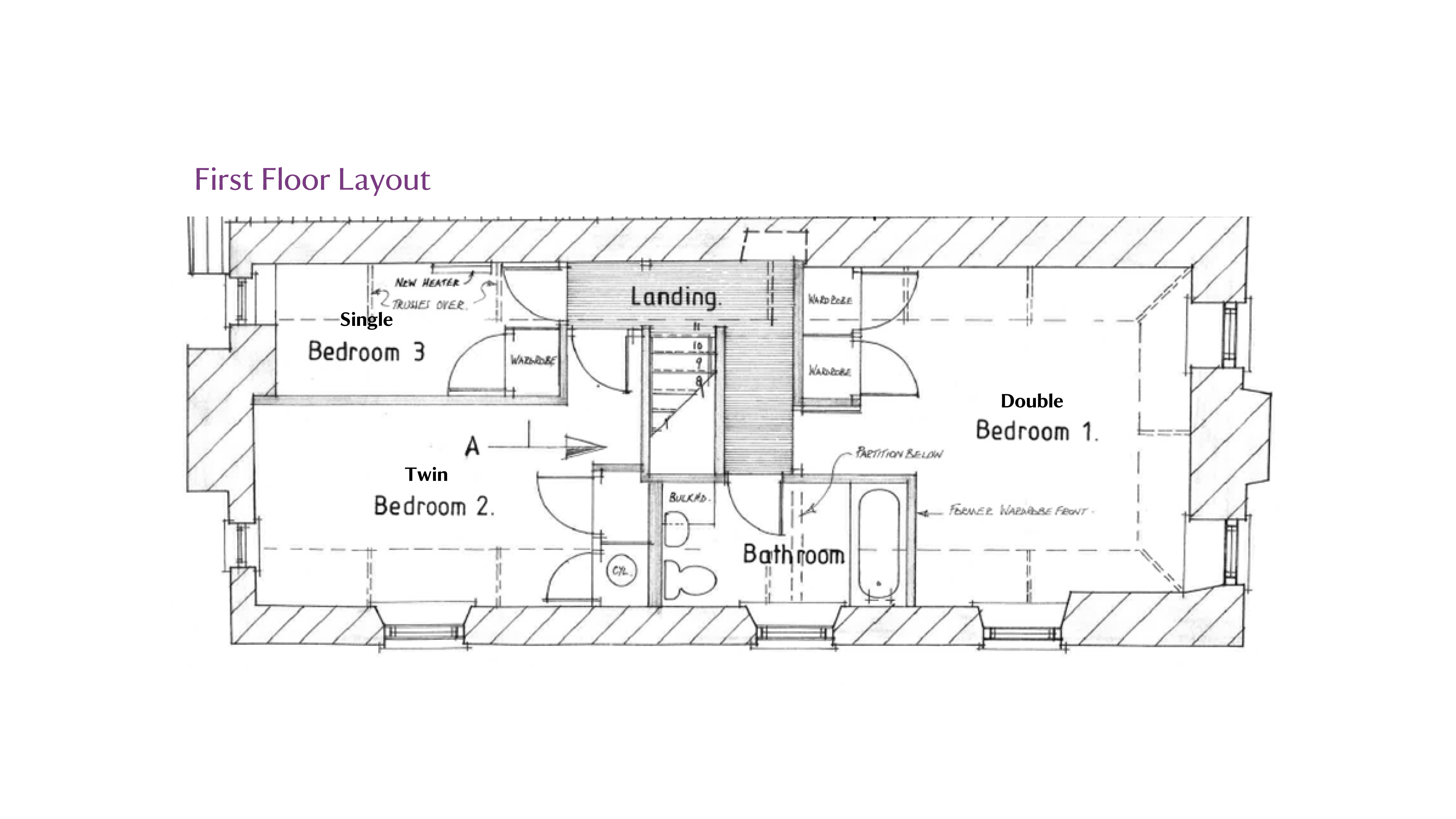 The first floor plan for Pont Pill Farm House, showing double bedroom, twin bedroom, single bedroom and bathroom