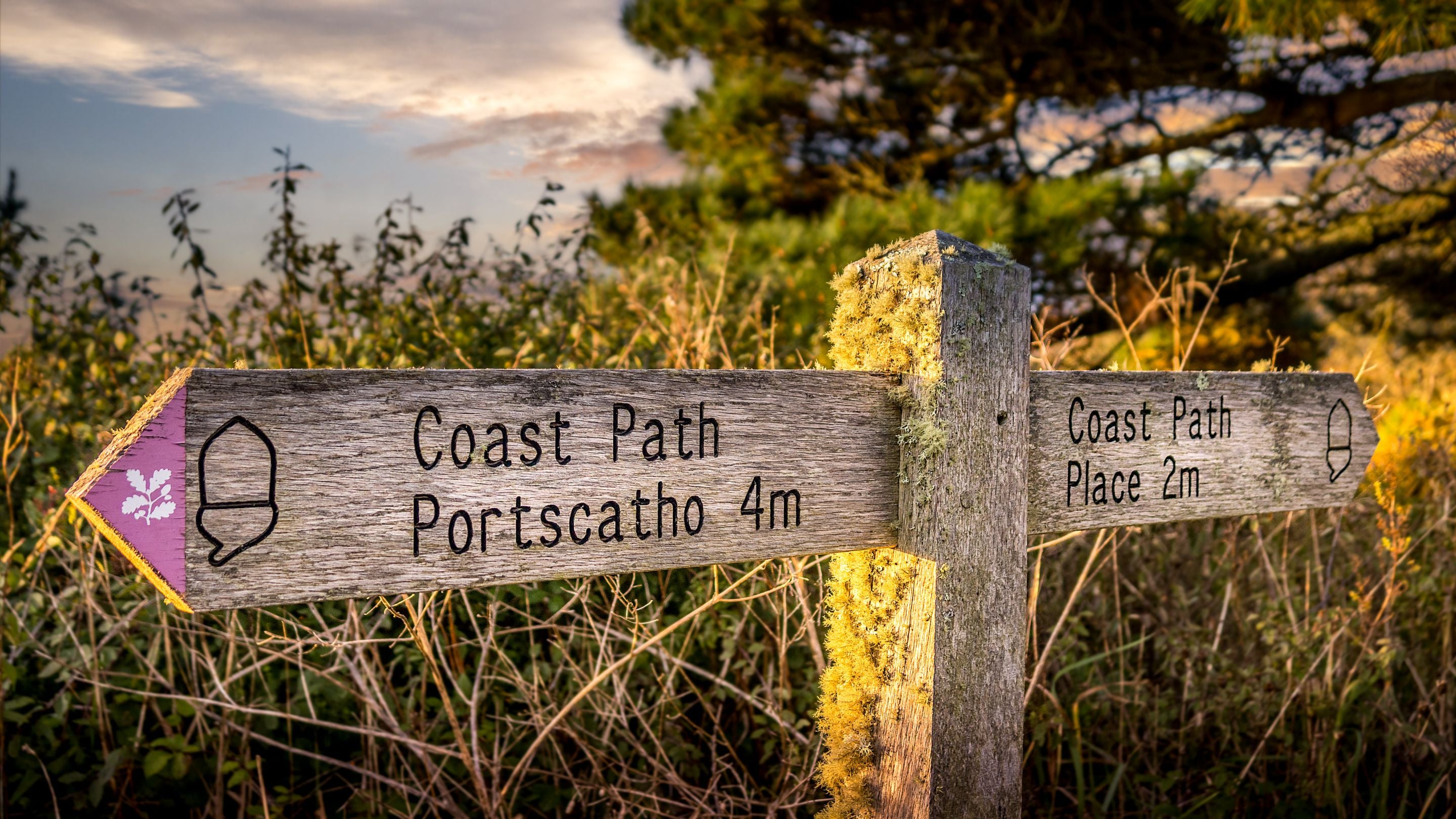 The coast path sign near the holiday cottages on St Anthony Head, Cornwall
