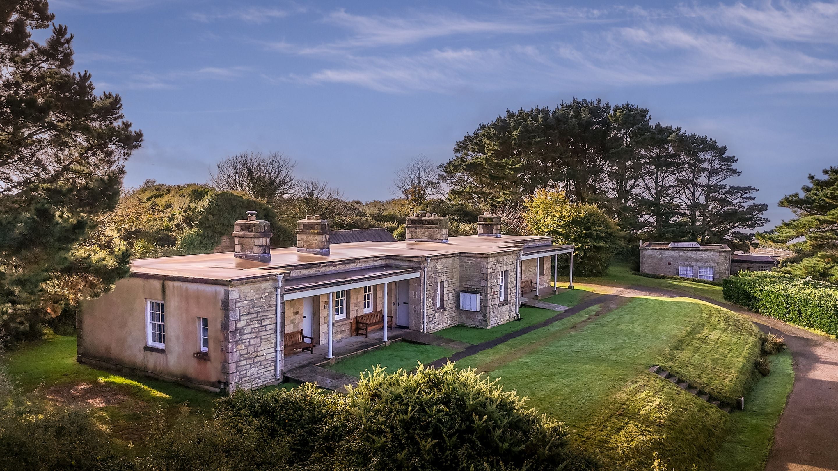 An aerial view of The Lieutenant's Quarter, The Major's Quarter, The Captain's Quarter and Tiffy's, Cornwall