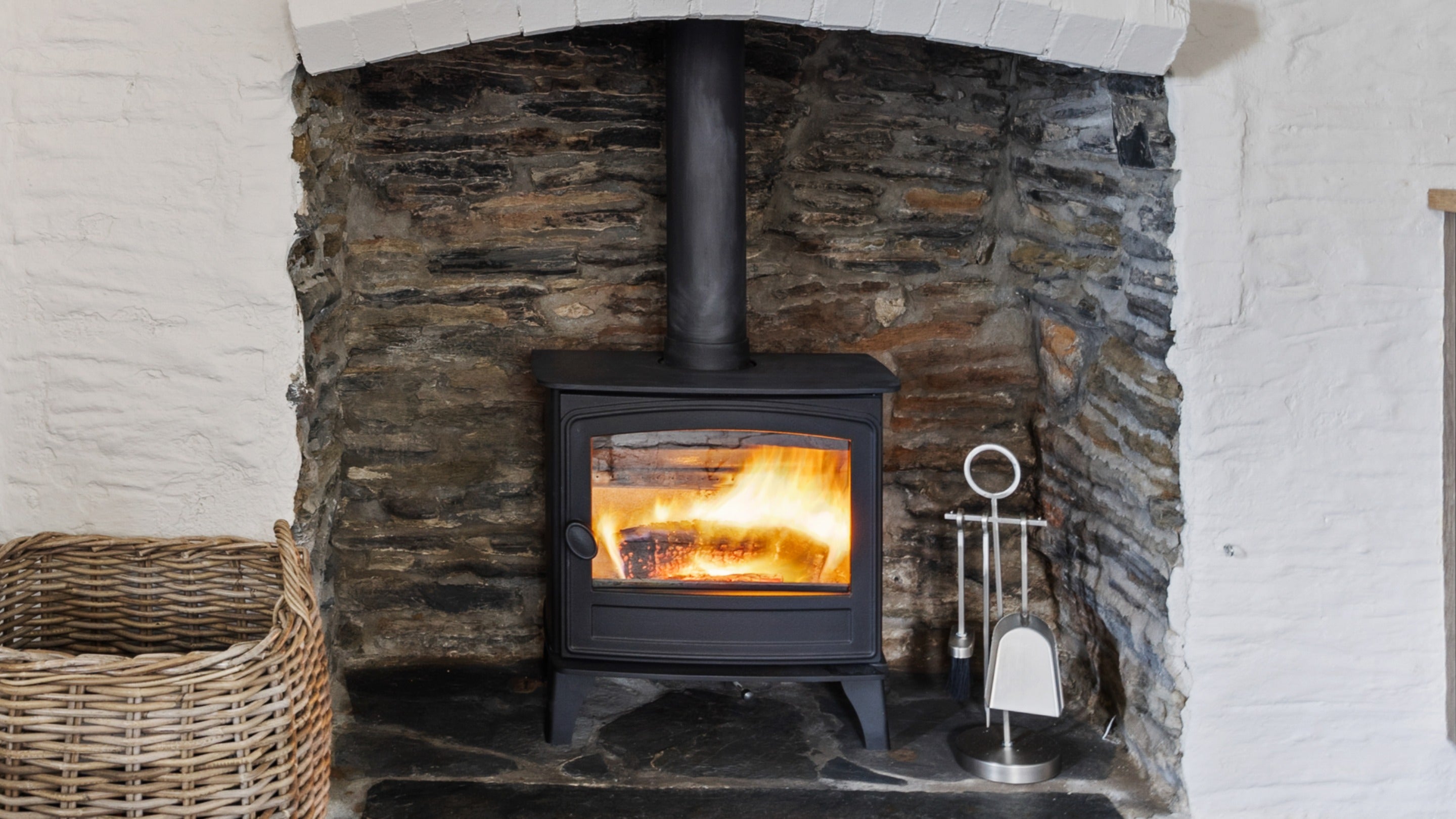 The woodburner in the living space at Tom Parsons' Hut, Cornwall