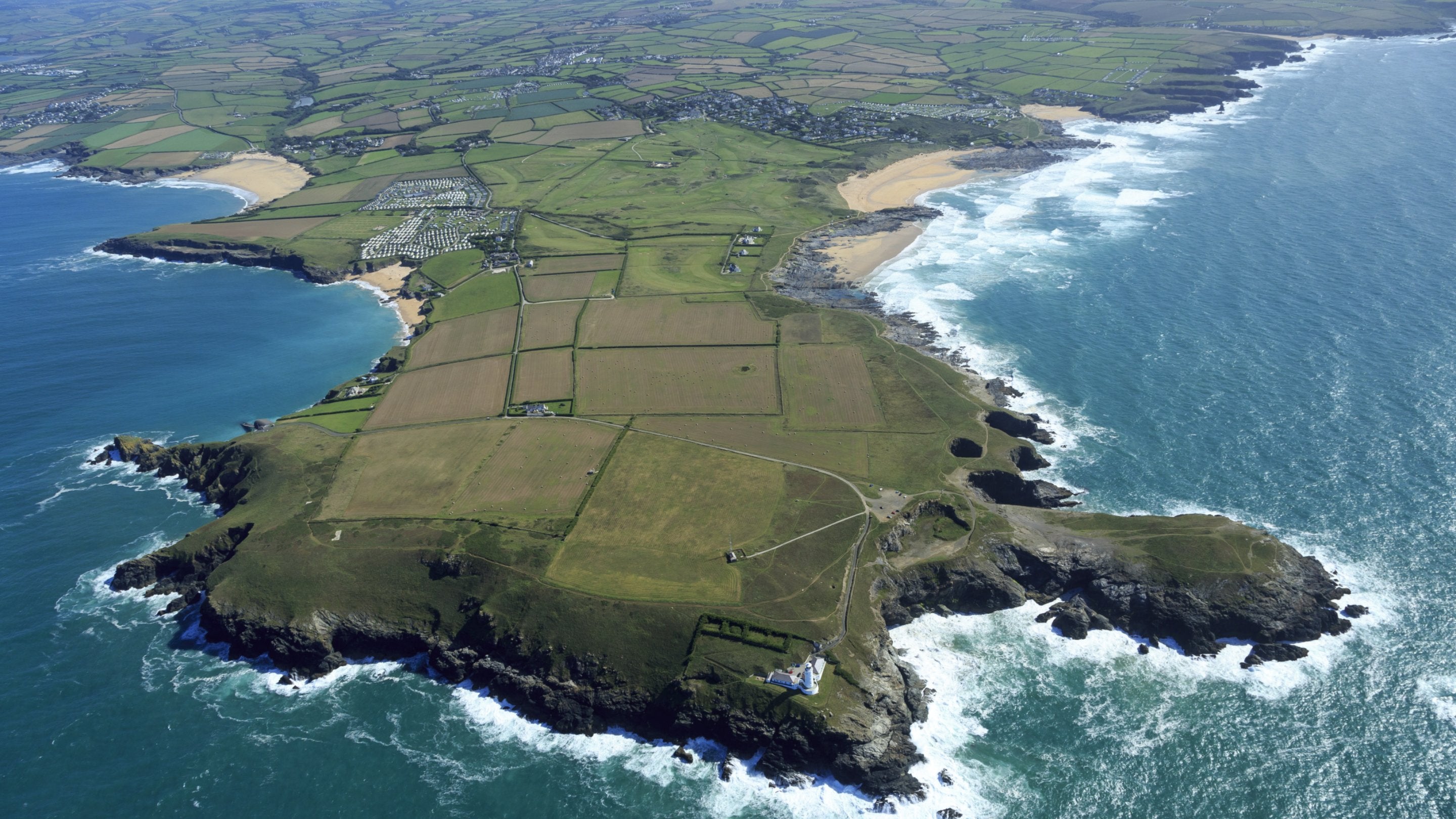 An aerial view of Trevose Head, with Harlyn Bay Beach on the far left, Cornwall