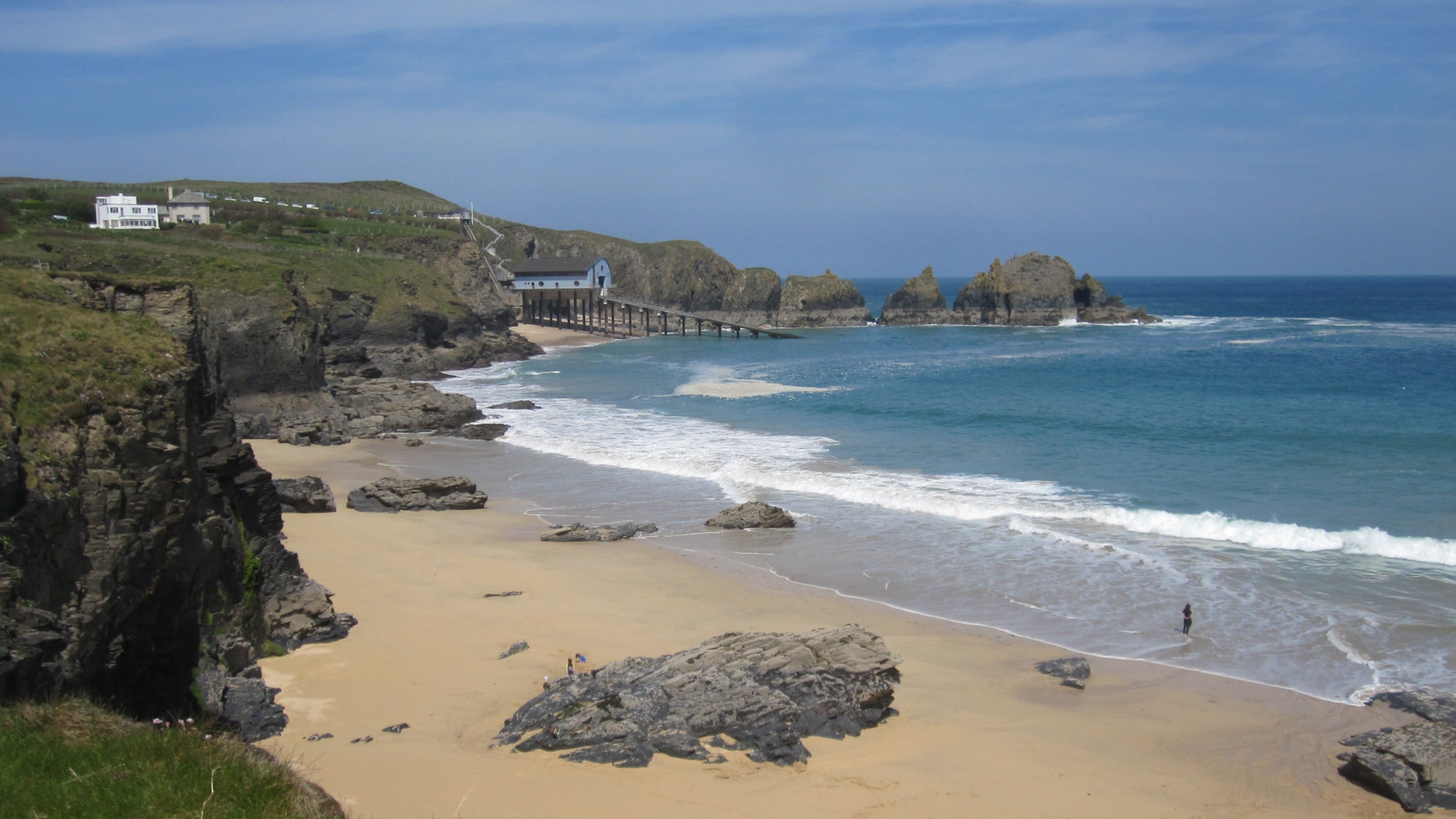 Mother Ivey's Bay beach with Padstow Lifeboat Station in the background, Cornwall