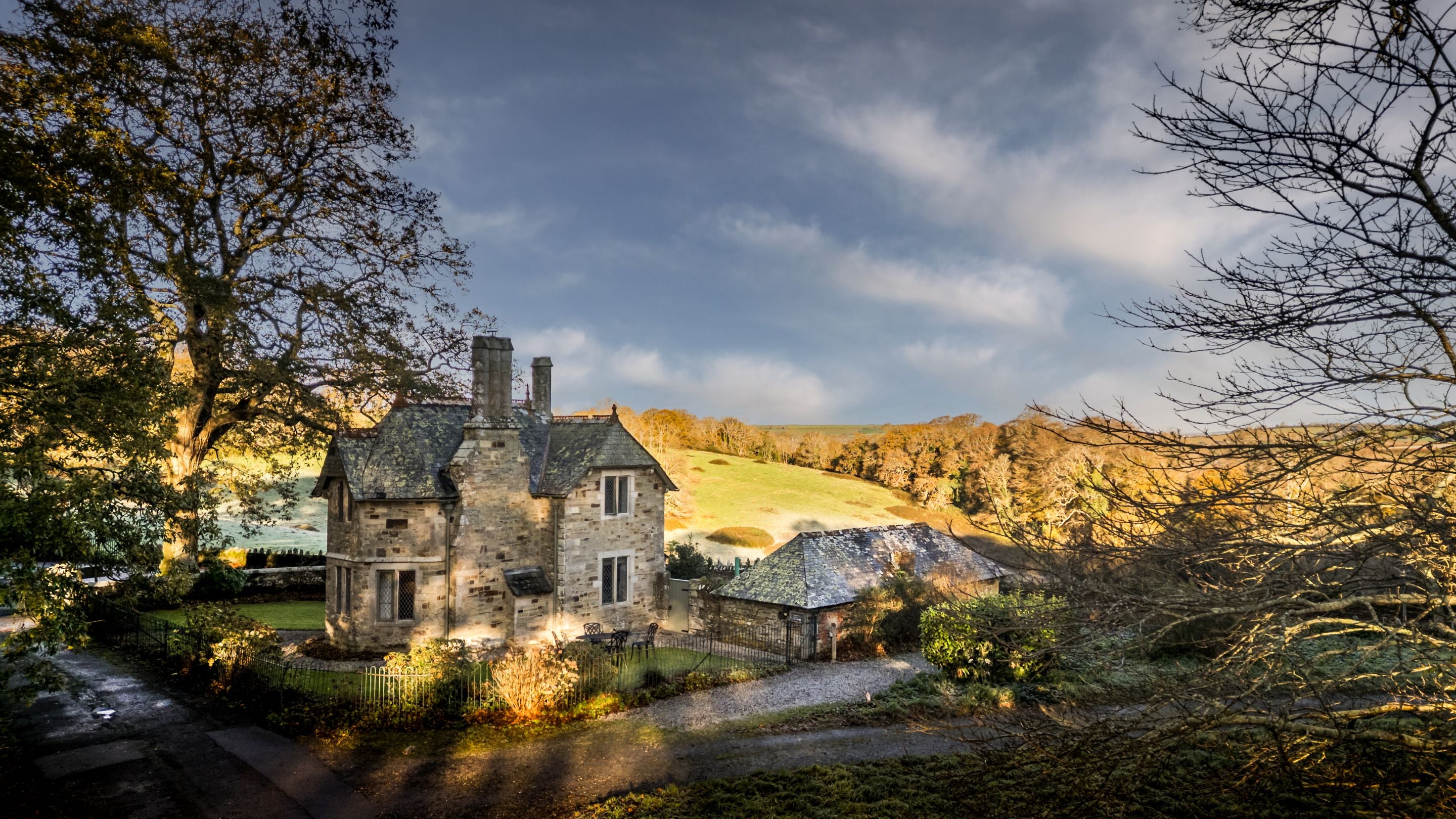 An aerial view of Trelissick New Lodge in winter, with frost over the ground, Cornwall