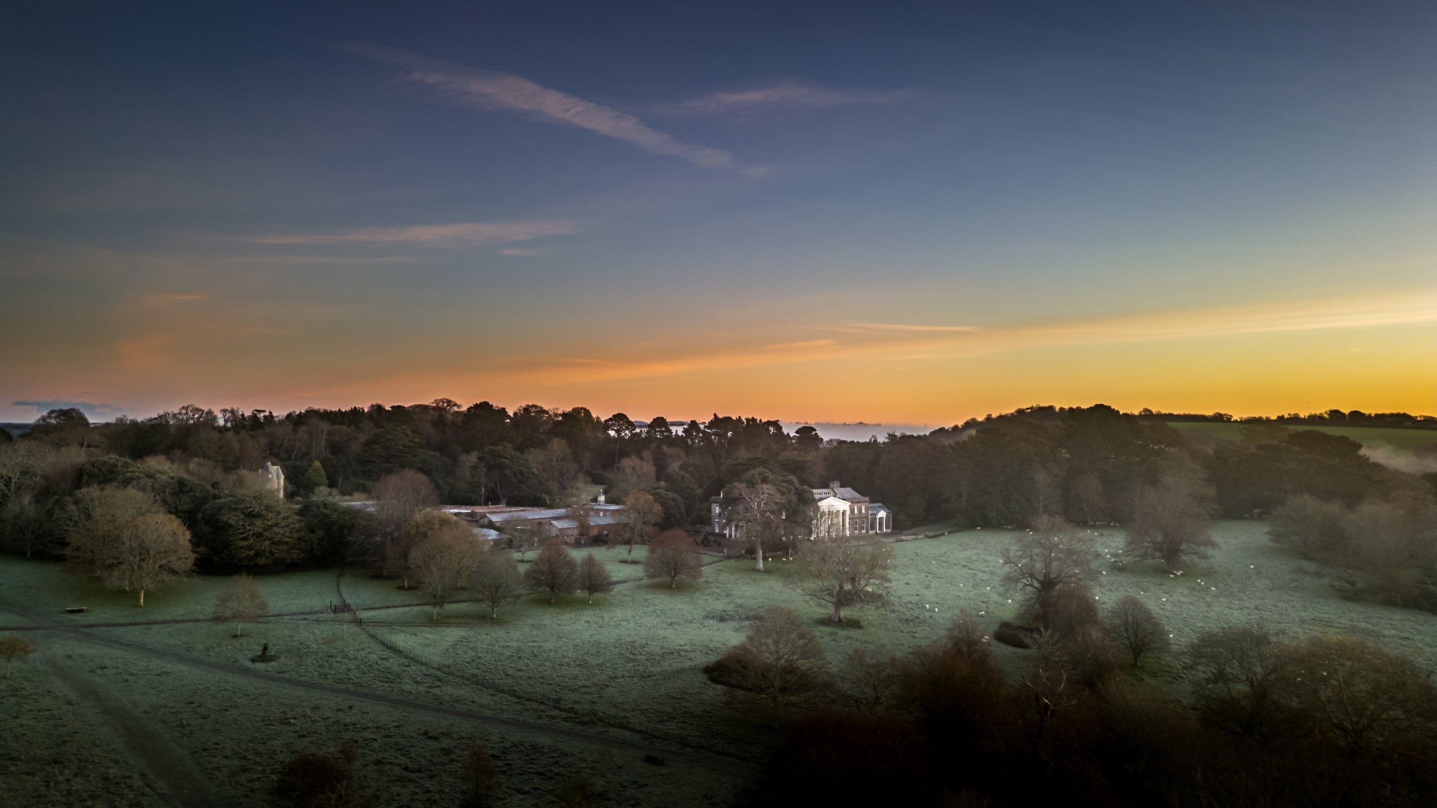An aerial view of the estate and house at Trelissick, Cornwall