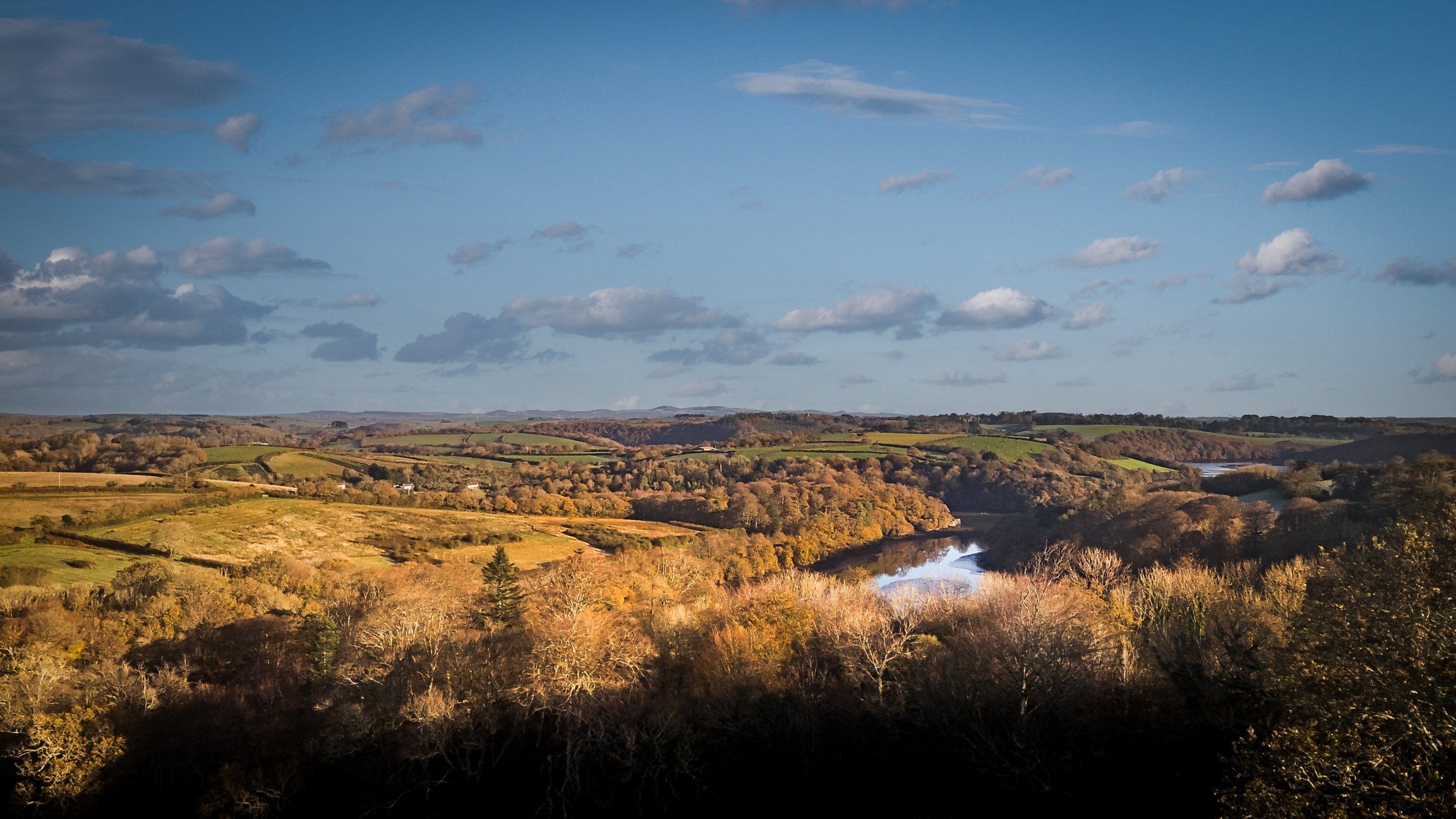 An aerial view of the countryside at Trelissick, Cornwall
