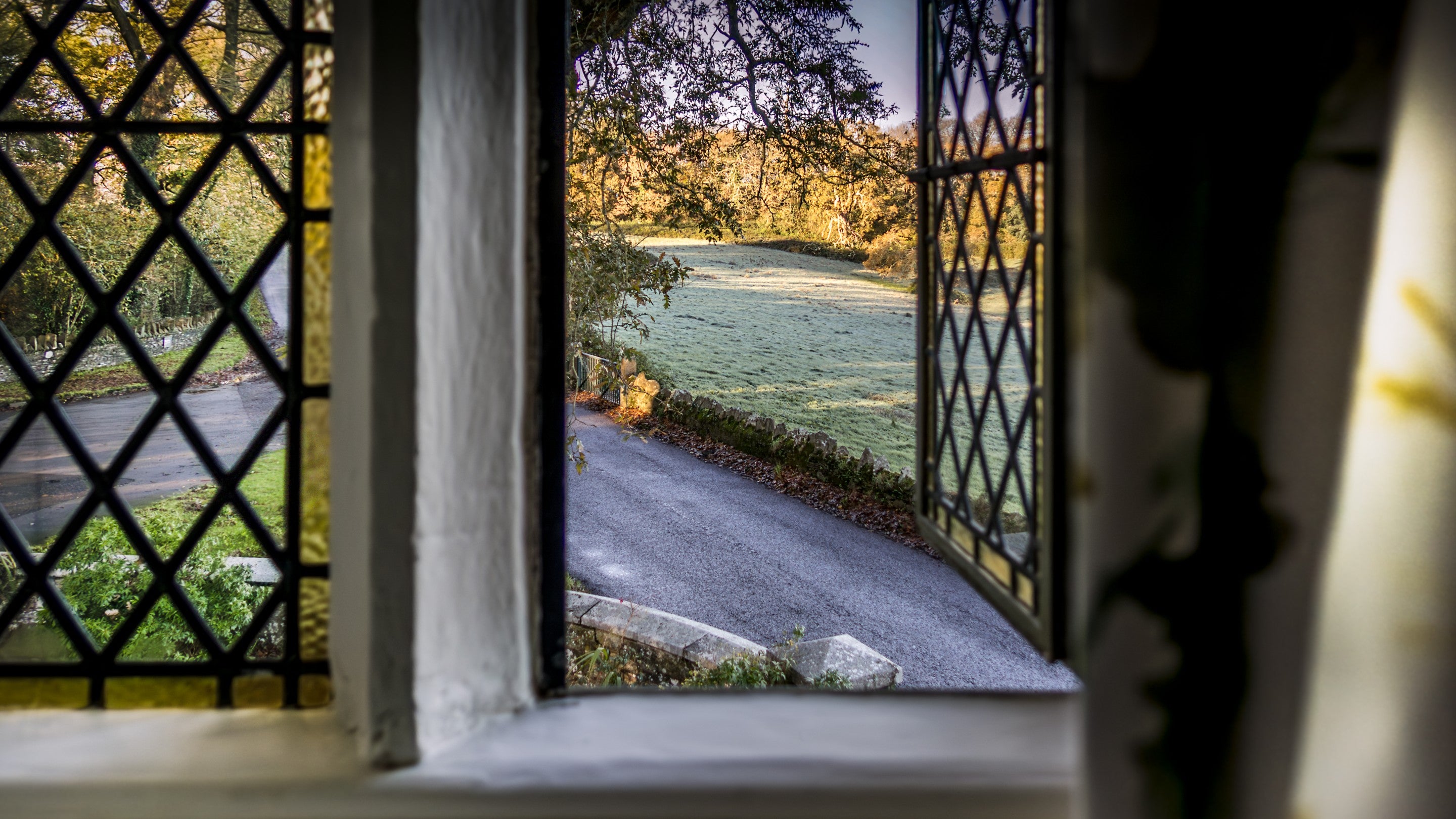 The latticed windows in the single bedroom at Trelissick New Lodge, with views of a frosty field on a winter morning, Cornwall