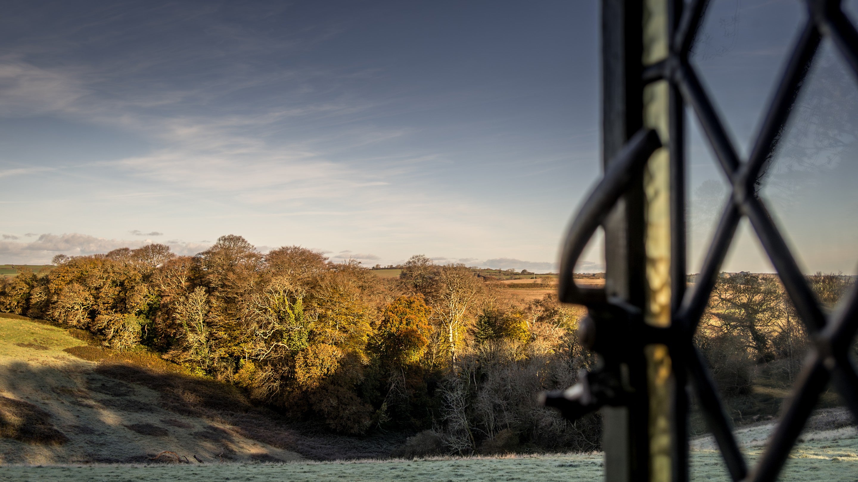 A view of countryside and woodland from a window in Trelissick New Lodge, Cornwall